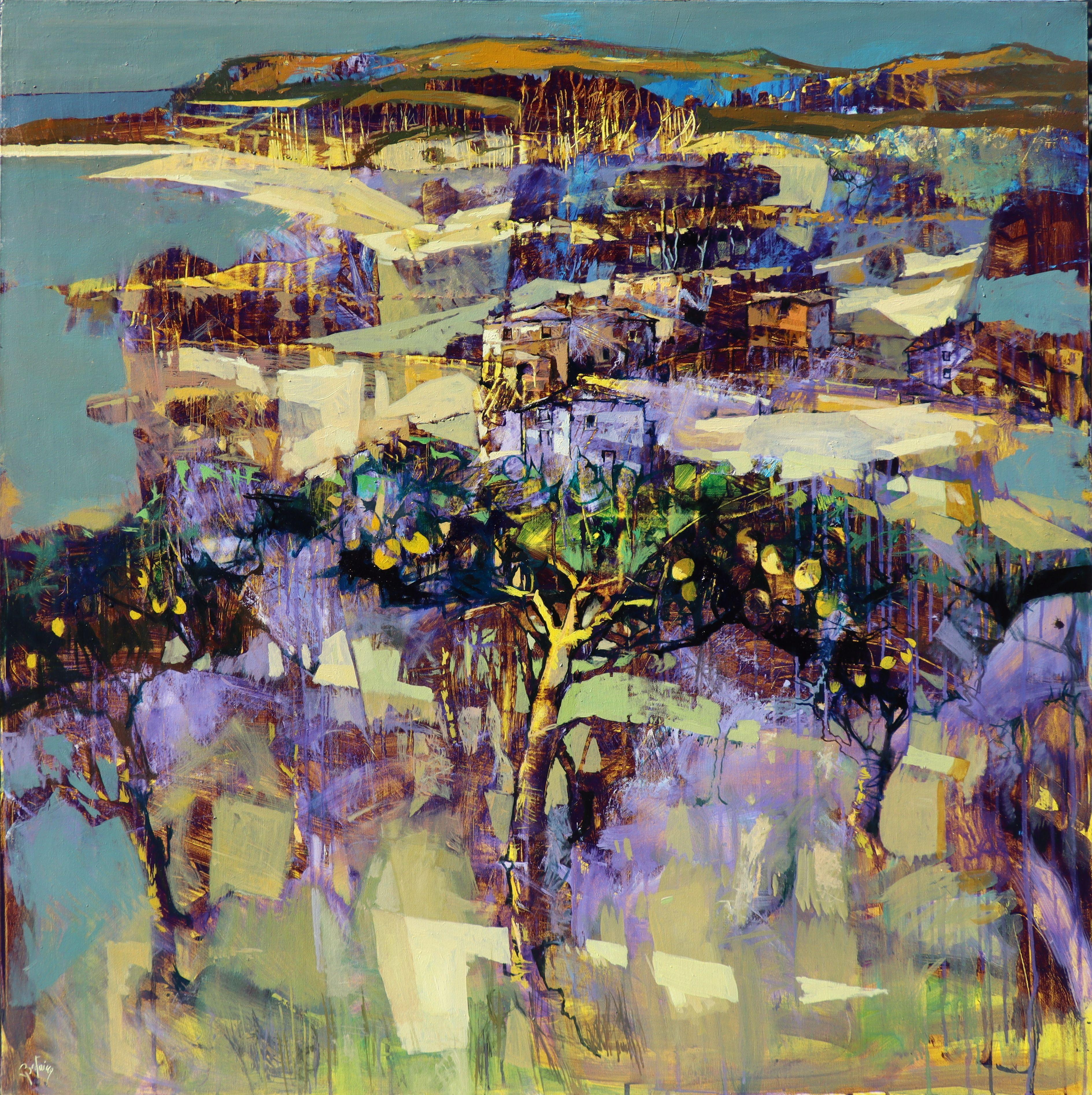 Le meilleur moment - contemporary Italian Tuscany landscape violet lemon trees  - Painting by Alex Bertaina