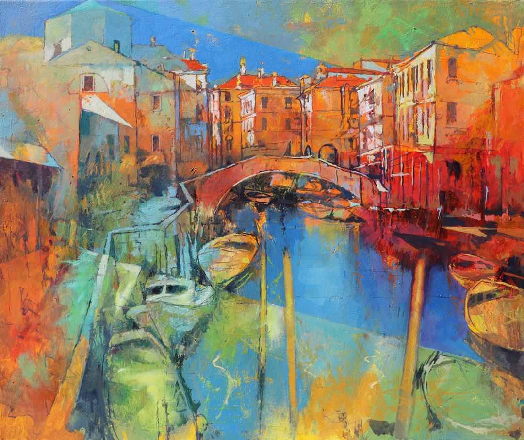 Le Rouge de Chioggia - contemporary Italian Venice townscape oil painting - Painting by Alex Bertaina