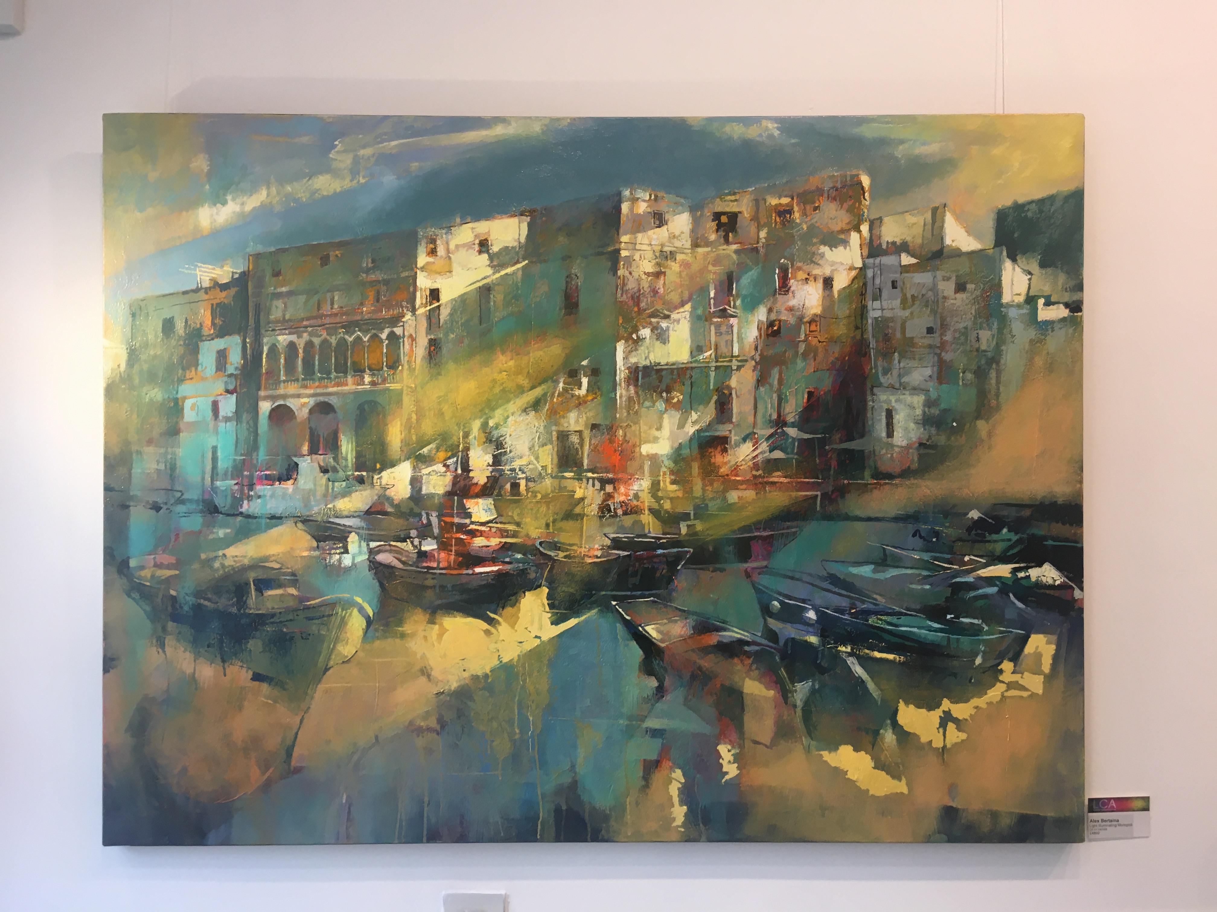 Lights Light illuminant Monopoli - peinture à l'huile contemporaine d'un paysage urbain italien - Contemporain Painting par Alex Bertaina