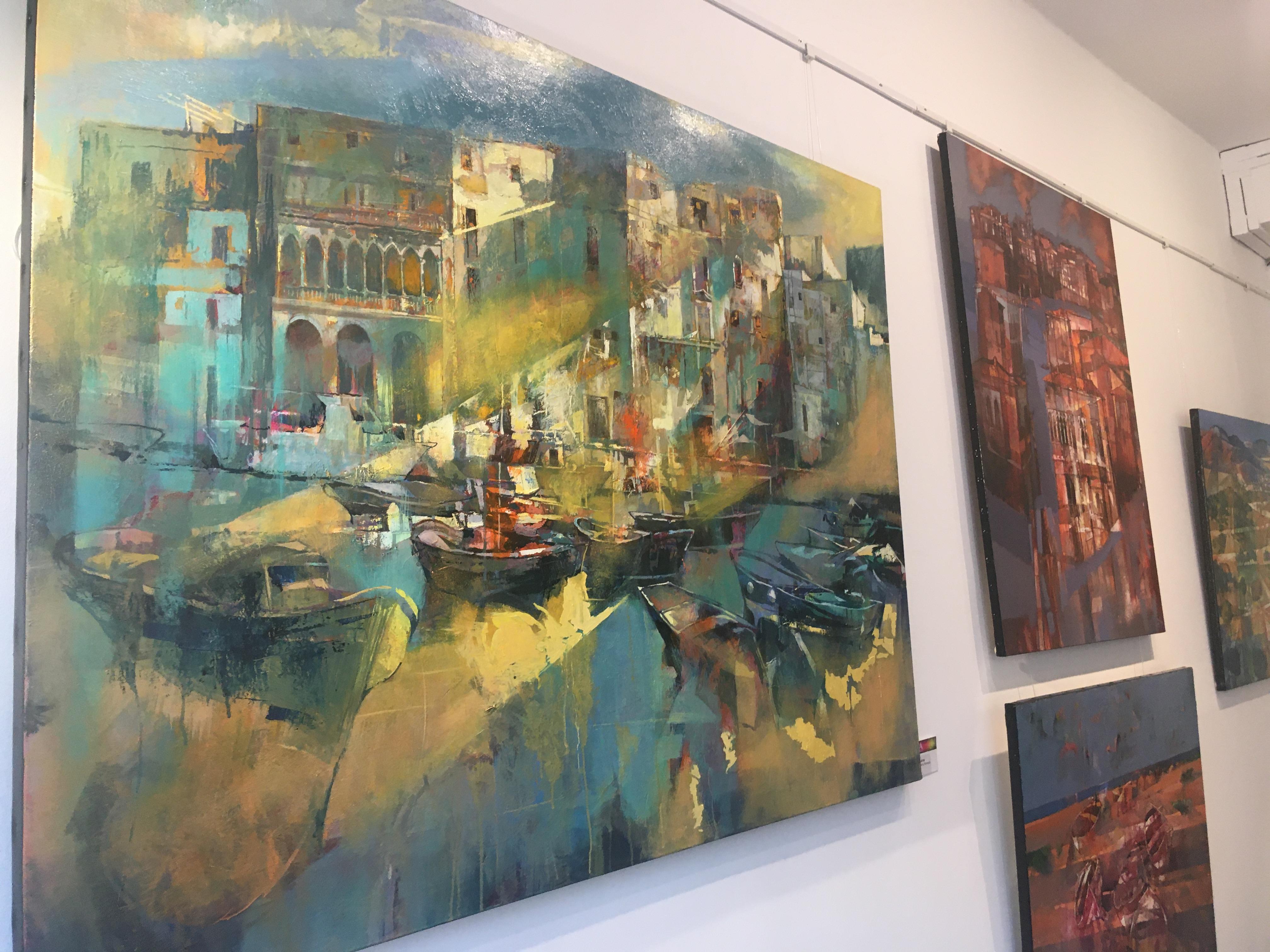 Lights Light illuminant Monopoli - peinture à l'huile contemporaine d'un paysage urbain italien en vente 3