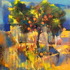 My Orange Garden - contemporary nature bright tree oil painting