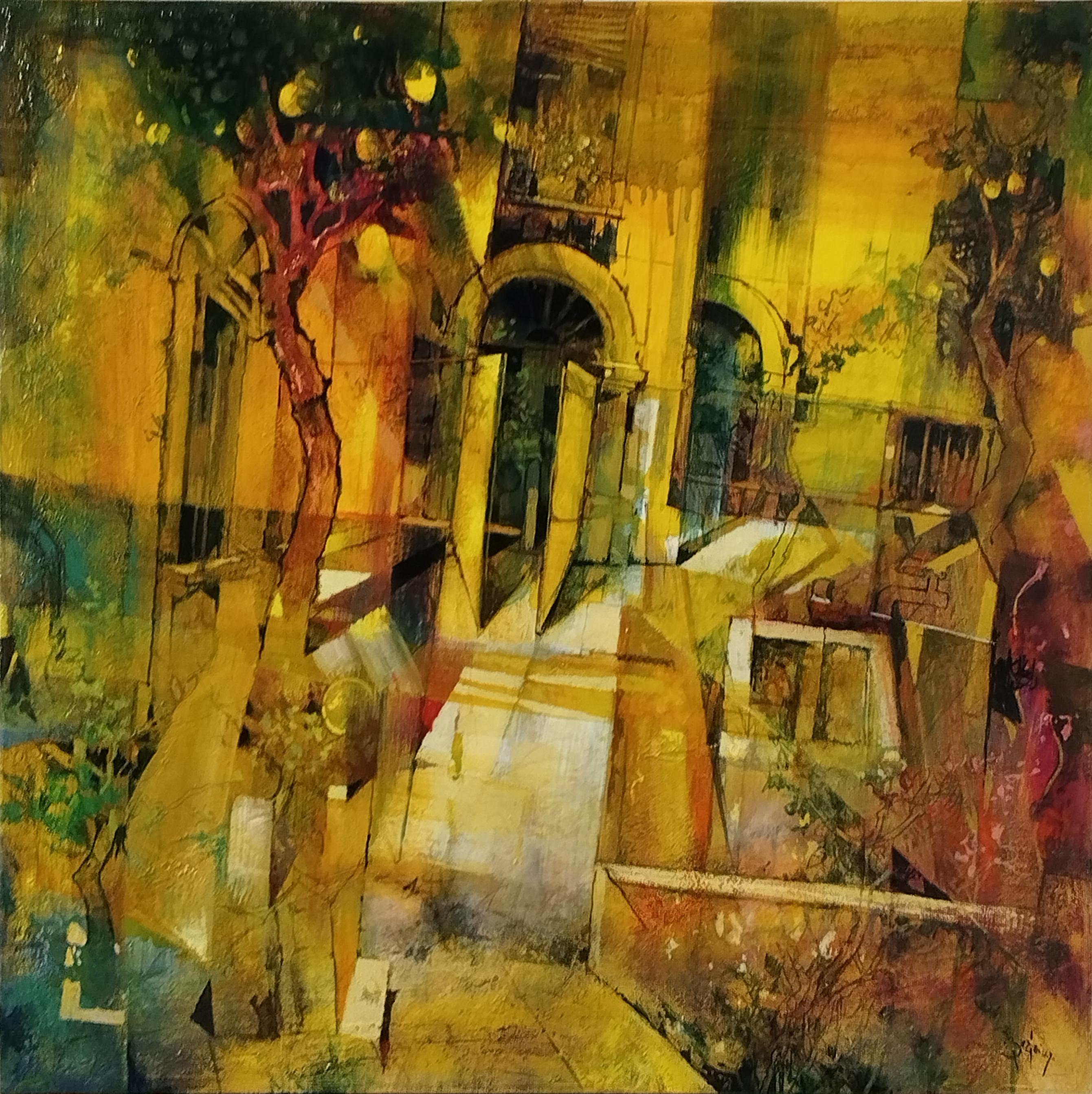 Alex Bertaina Landscape Painting – Spielen unter den Gelben