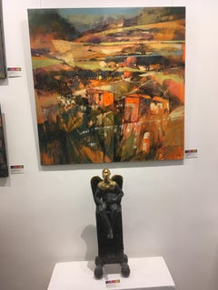 Red Bricks - peinture à l'huile italienne contemporaine de paysage orange d'été en Toscane