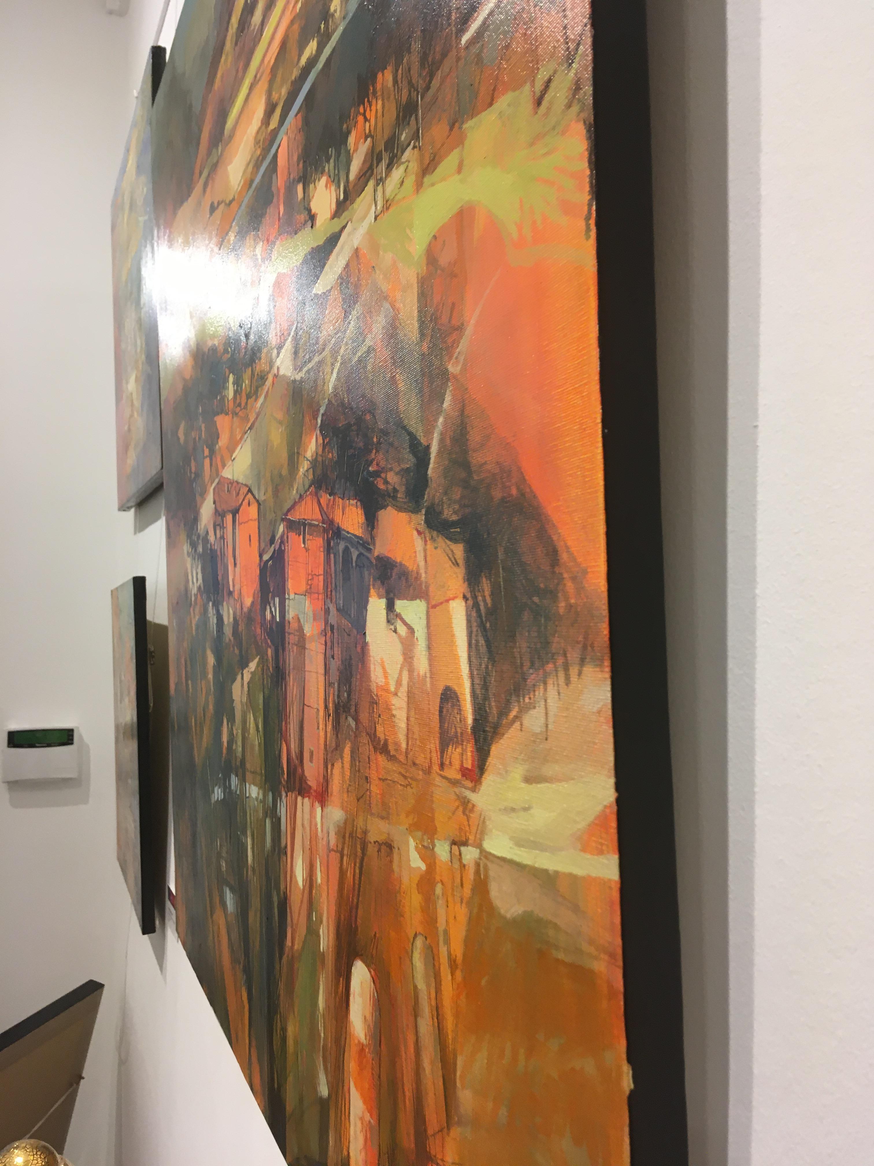 Red Bricks - peinture à l'huile italienne contemporaine de paysage orange d'été en Toscane en vente 3