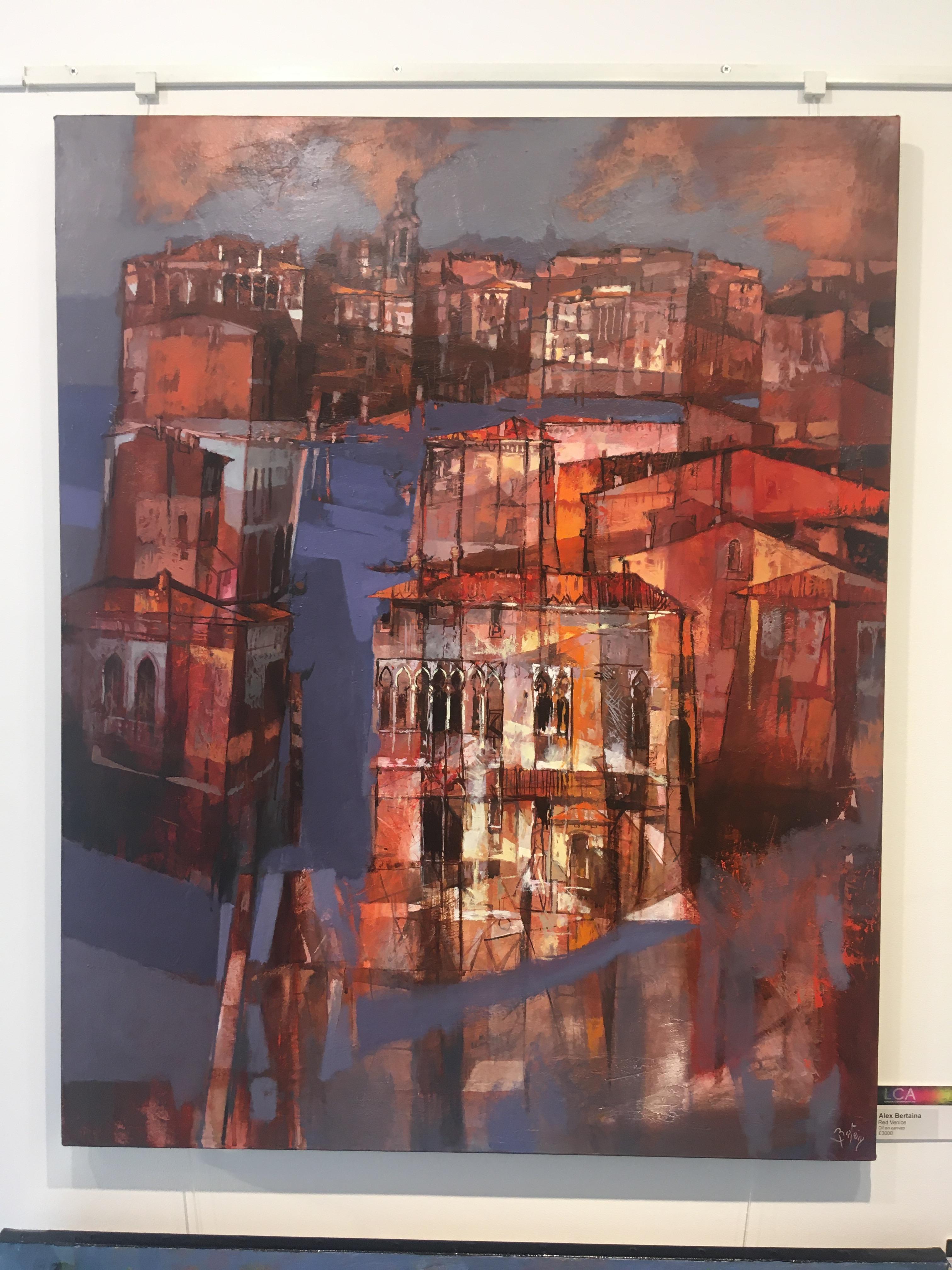 Venice rouge - peinture à l'huile d'un paysage urbain italien contemporain d'architecture - Contemporain Painting par Alex Bertaina