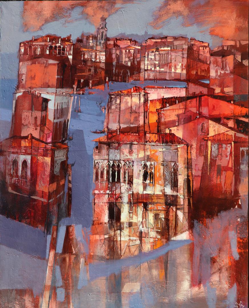 Venice rouge - peinture à l'huile d'un paysage urbain italien contemporain d'architecture - Painting de Alex Bertaina