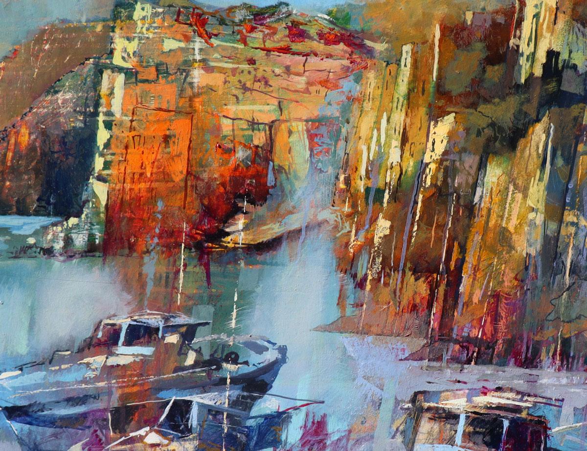 Riomaggiore entre les rochers et la mer - paysage italien contemporain coloré - Contemporain Painting par Alex Bertaina