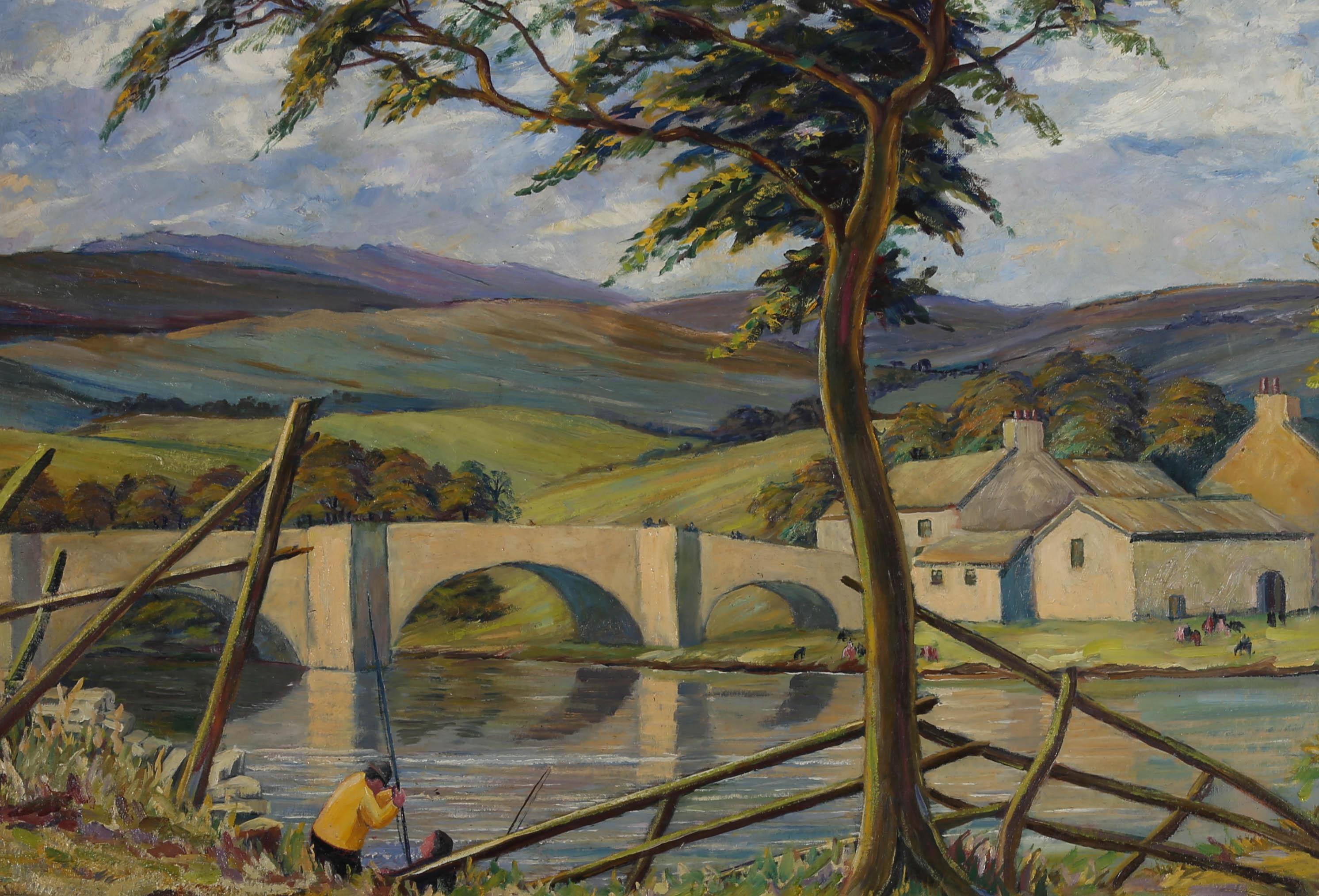 A striking oil landscape circa 1970s, showing a beautiful landscape with rolling hills and a bridge across a sparkling river under blue skies. Two figures can be seen fishing a the lower left bank, one in a jolly, vibrant yellow jumper. The artist