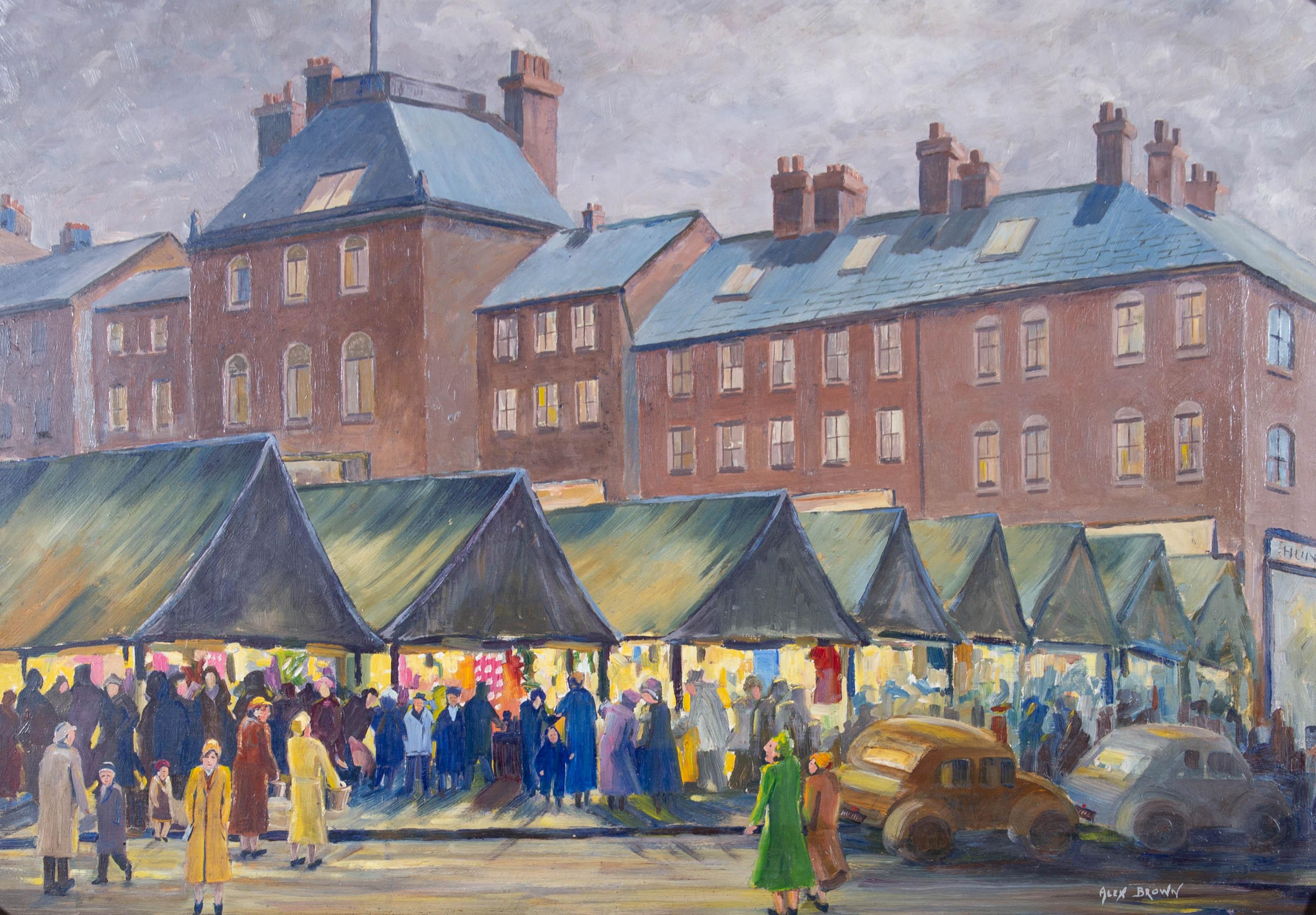 A bustling market scene in oil showing a brightly lit market taking place beneath a complex of canopies under a grey sky. The artist has signed to the lower right and the painting has been attractively presented in a wood frame with carved acanthus