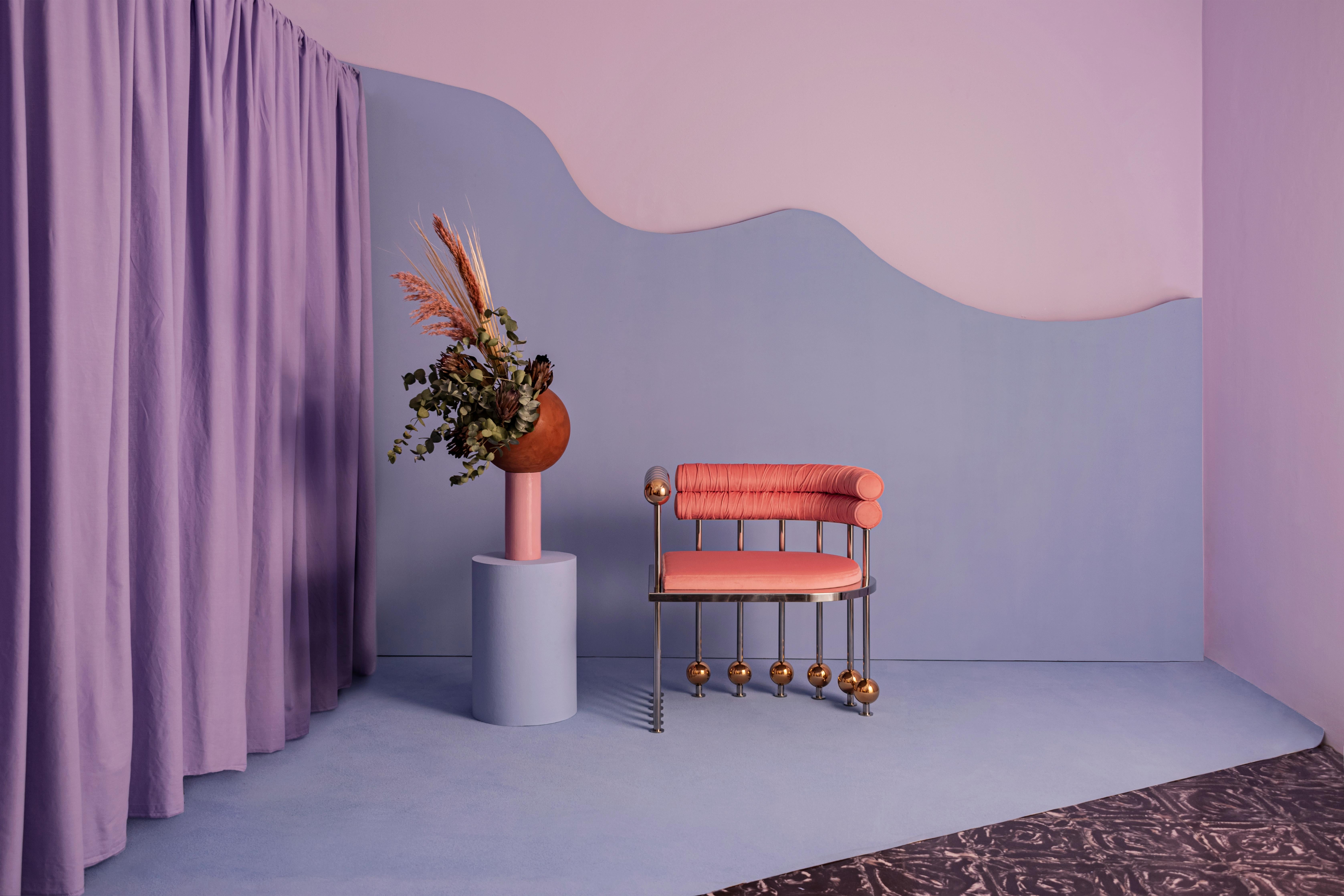 Alex Chair - Coral Pink Velvet with Silver and Gold Accents by Masquespacio For Sale 3