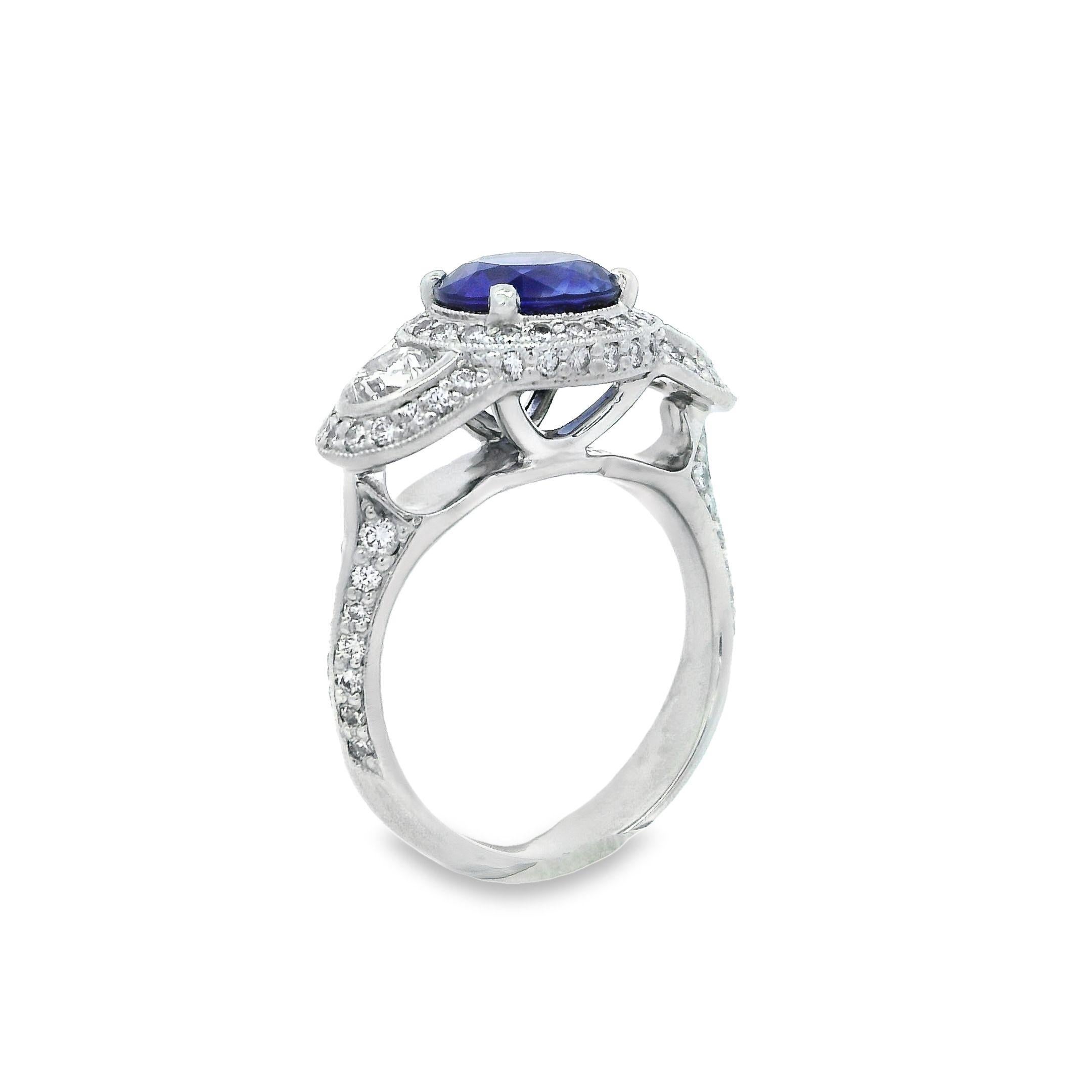 Modern Alex & Co Certified No Heat 2.72ct Blue Sapphire Diamond  Three Stone Pave Ring  For Sale