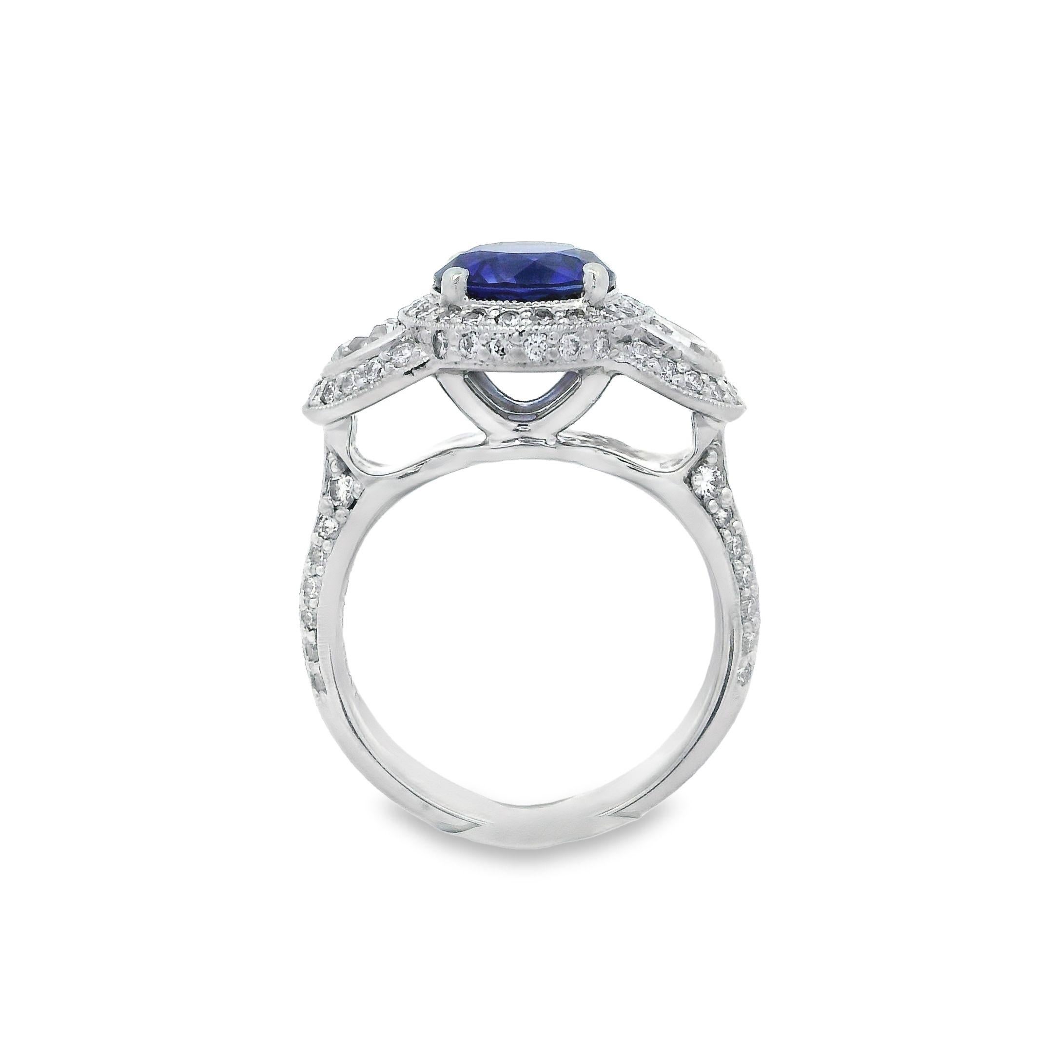 Women's Alex & Co Certified No Heat 2.72ct Blue Sapphire Diamond  Three Stone Pave Ring  For Sale