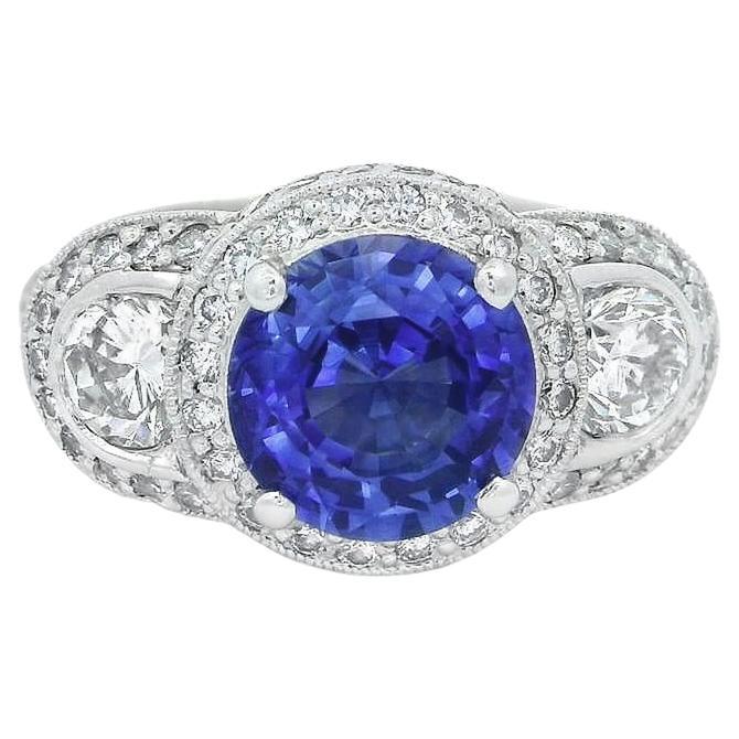Alex & Co Certified No Heat 2.72ct Blue Sapphire Diamond  Three Stone Pave Ring  For Sale