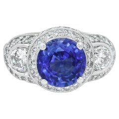 Used Alex & Co Certified No Heat 2.72ct Blue Sapphire Diamond  Three Stone Pave Ring 