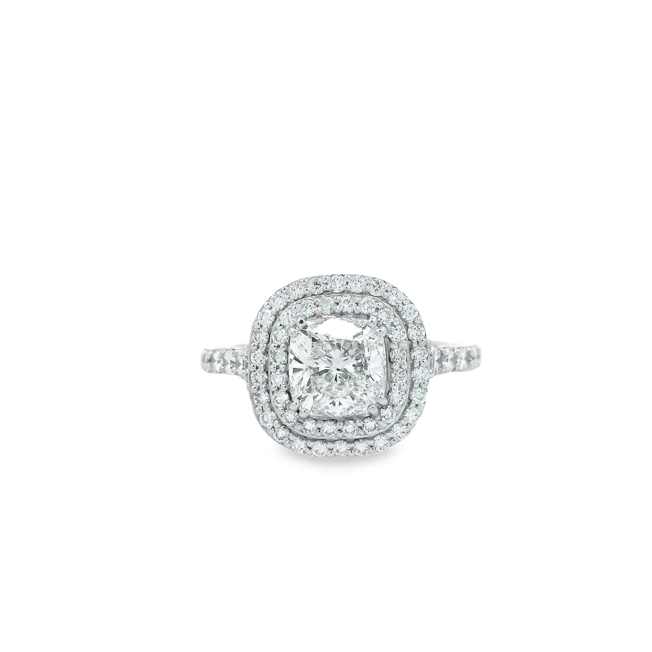 Modern Alex & Co GIA 1.53ct F VS2 Cushion Diamond Double Halo Platinum Engagement Ring  For Sale