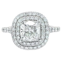 Alex & Co, bague de fiançailles en platine avec double halo de diamants taille coussin 1,53 carat F VS2 certifiés GIA 