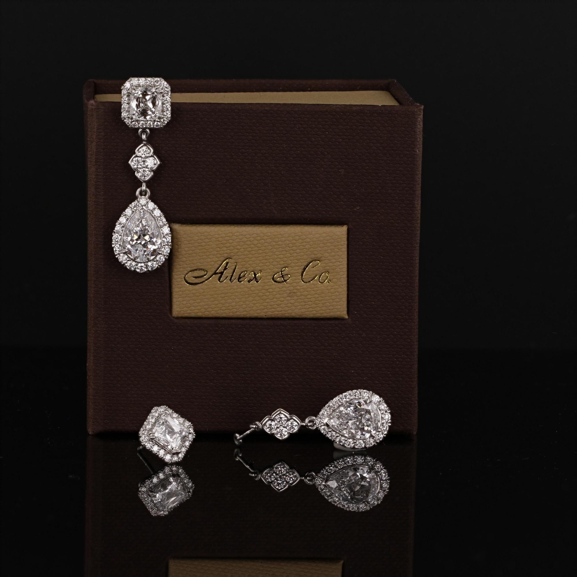 Contemporary Alex & Co GIA Asscher Cut and Pear Shape 5.10ct Diamond Platinum Drop Earrings For Sale