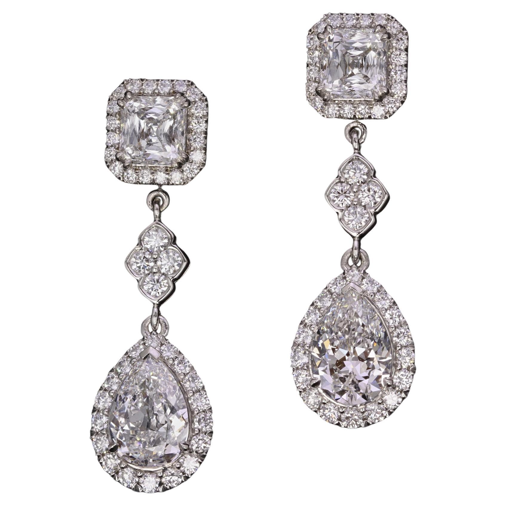 Alex & Co GIA Asscher Cut and Pear Shape 5.10ct Diamond Platinum Drop Earrings For Sale