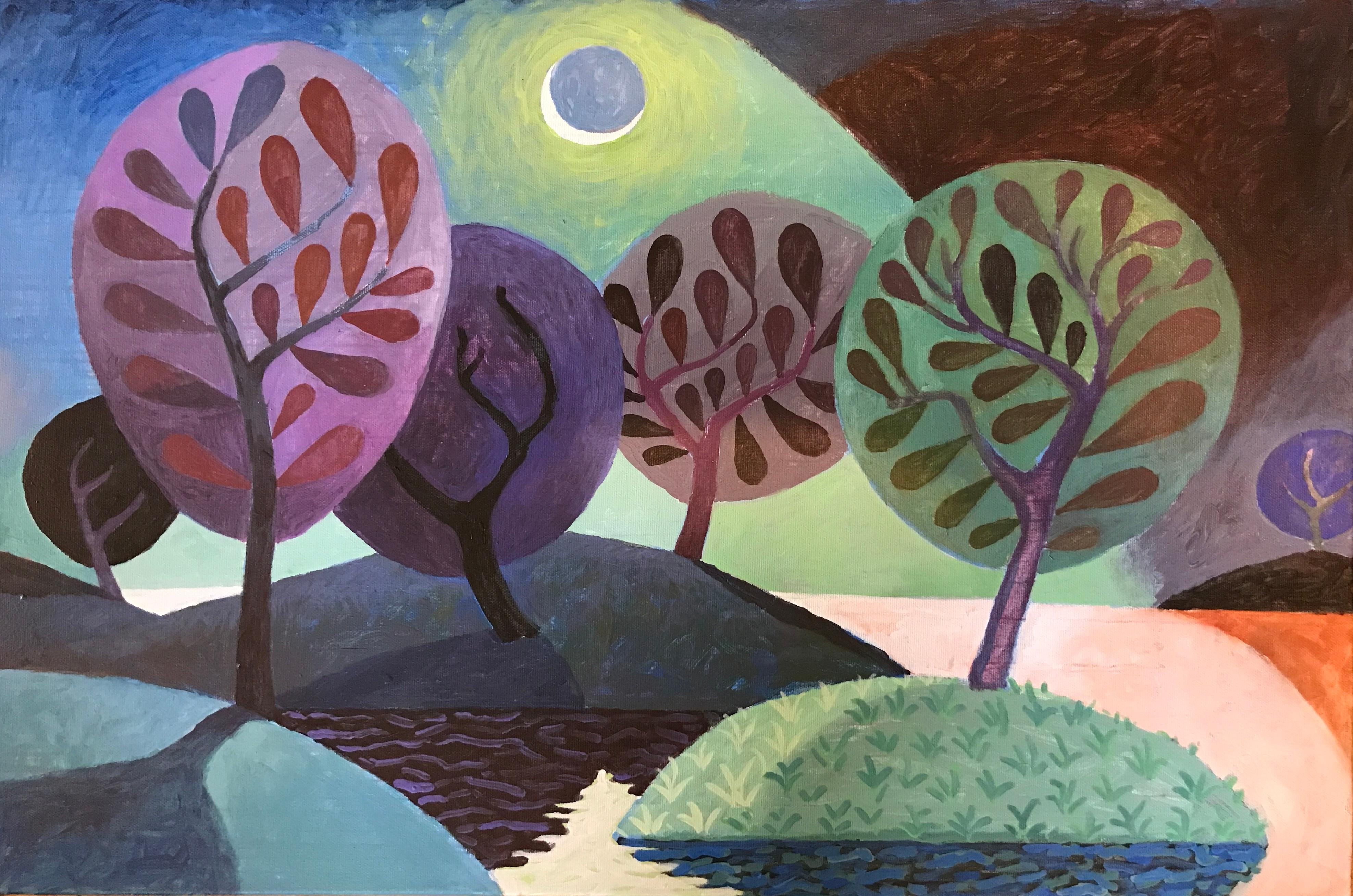 Landscape Painting di Alex Cook - Isole al chiaro di luna - Pittura contemporanea di paesaggio stravagante