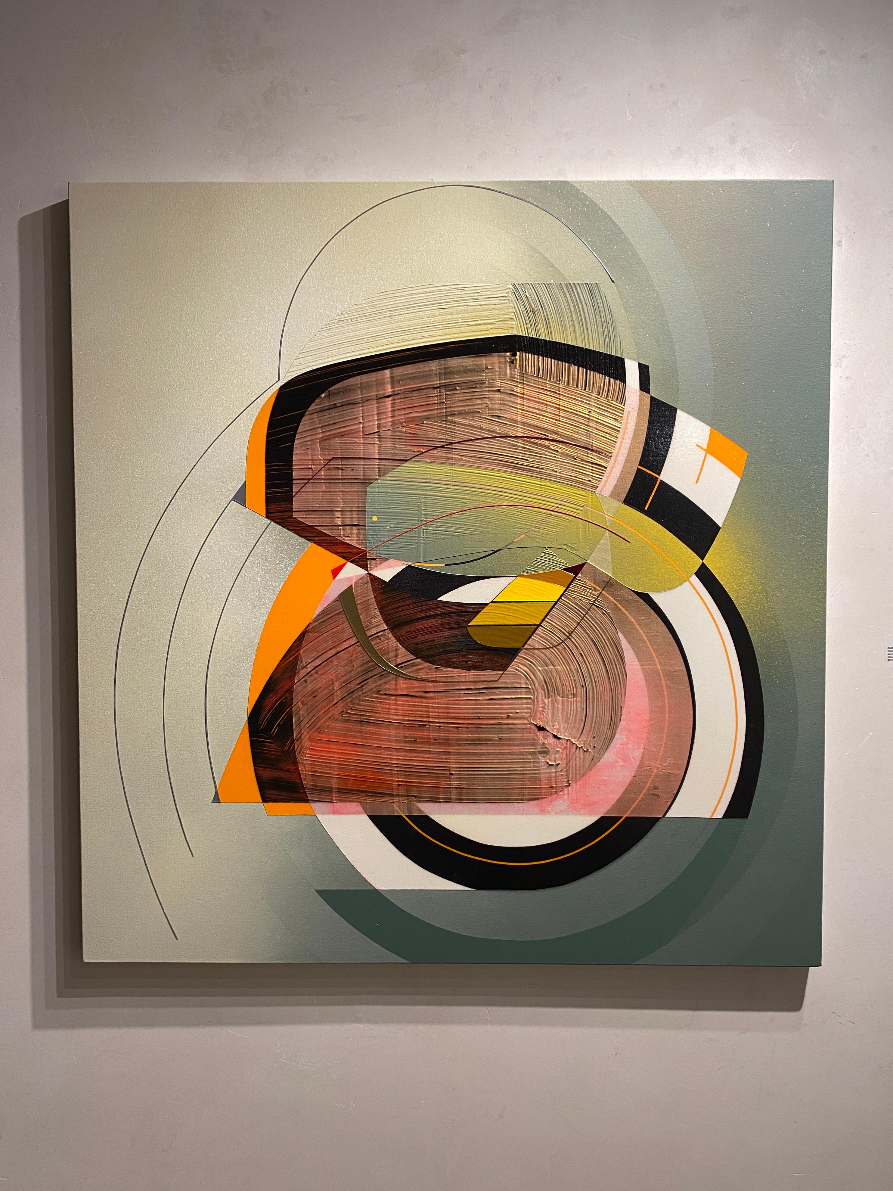 This is a graphic hard-edge abstract painting from California-based artist  Alex Couwenberg. 
Alex Couwenberg is a Southern California abstract painter deeply influenced by the art and culture of his local community. Couwenberg’s thin line, patterns