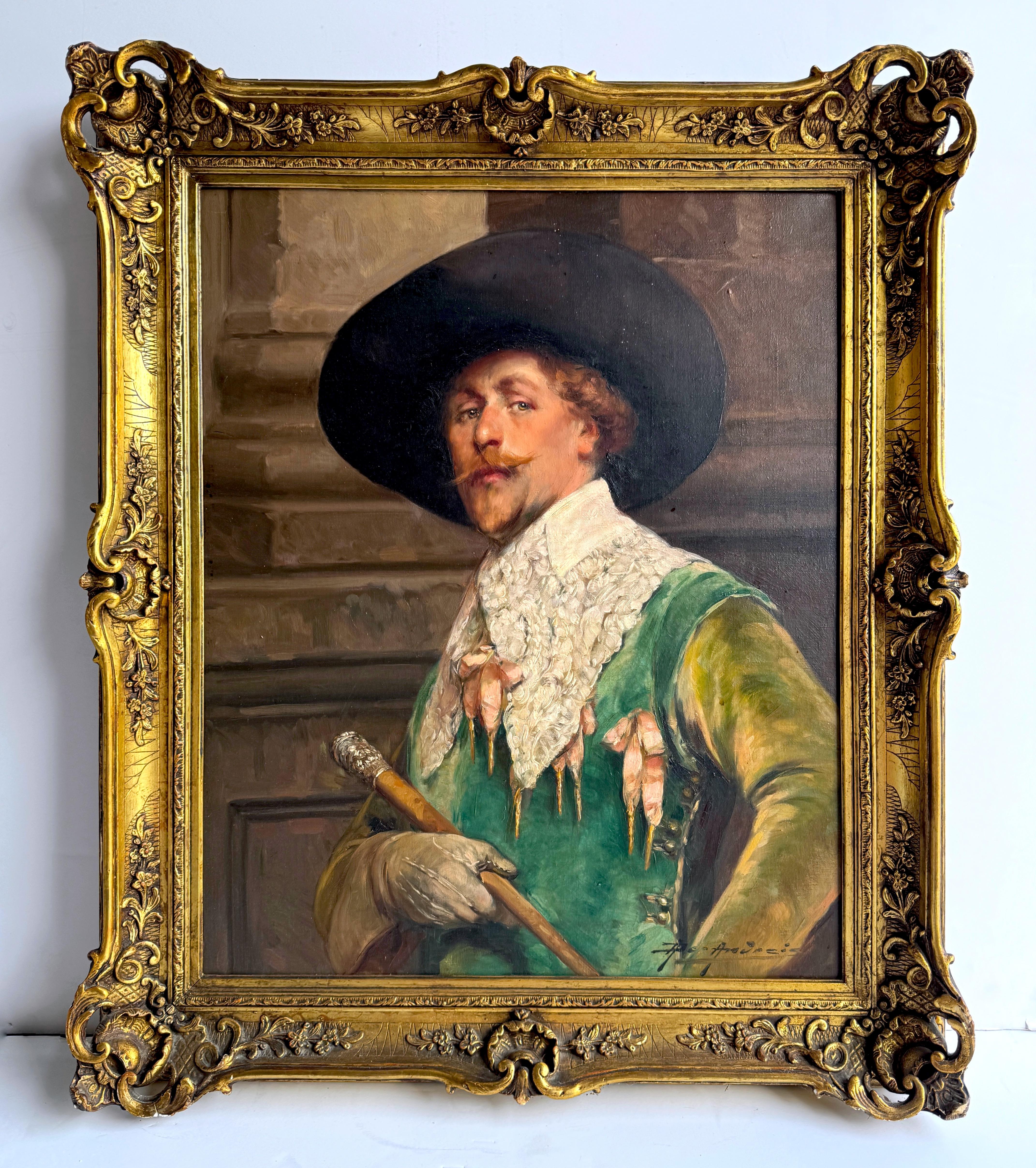 Alex de Andreis (Brite, 1880-1929)-Porträt eines Musketiers, signiertes Öl auf Leinwand

Ein reich bemaltes und theatralisches Ölgemälde auf Leinwand des britischen Künstlers Alex de Andreis (1880-1929), der für seine romantischen Darstellungen von