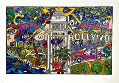 ¡LOS ÁNGELES! HOLLYWOOD Litografía firmada, Iconos de Los Ángeles, Paisaje humorístico Pop Art