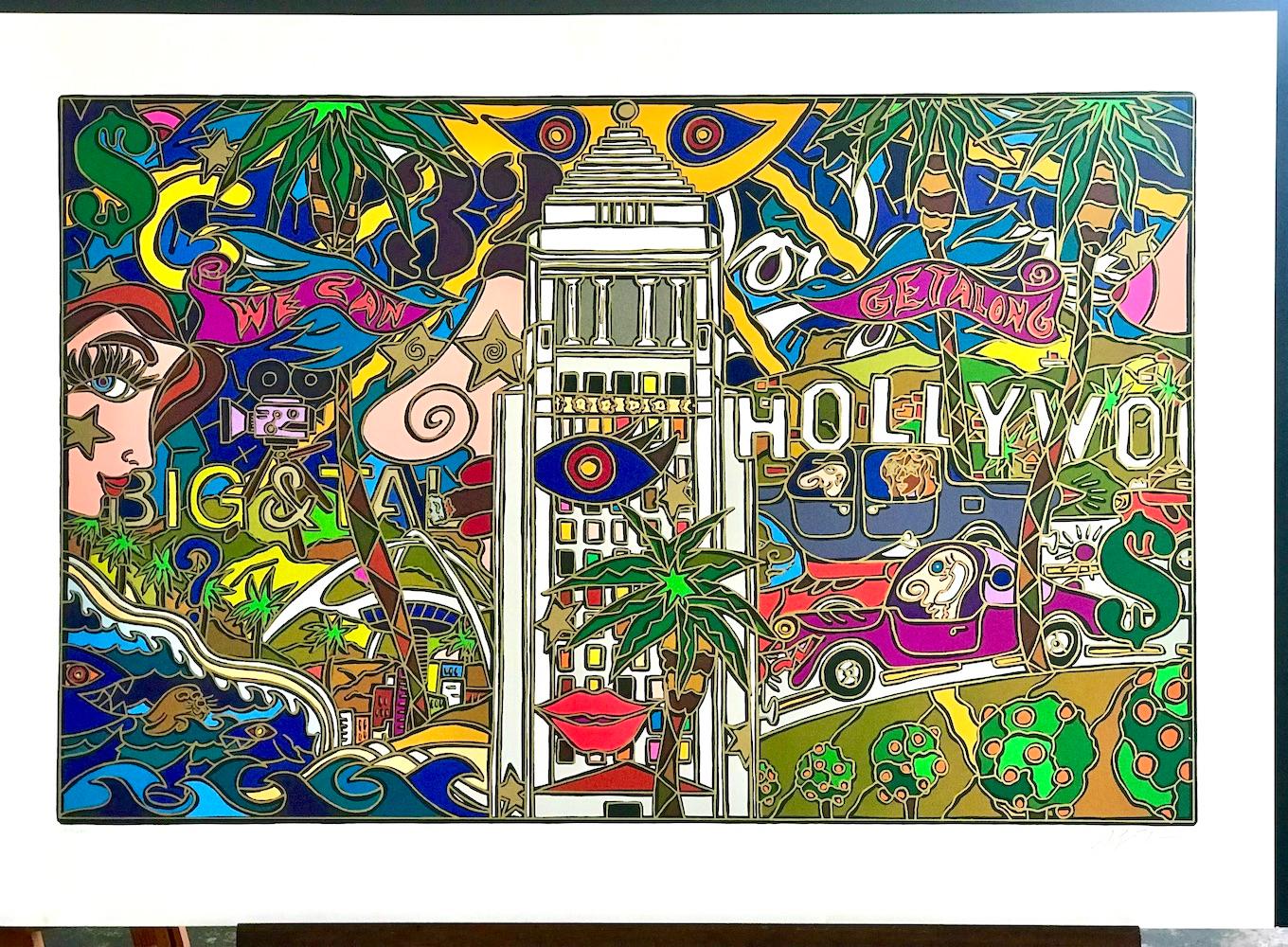 L.L.A. ! HOLLYWOOD est une lithographie couleur en édition limitée réalisée à la main avec une sérigraphie en or métallique par l'artiste américain Alex Echo. Il a été imprimé à l'aide de techniques traditionnelles de lithographie et de sérigraphie