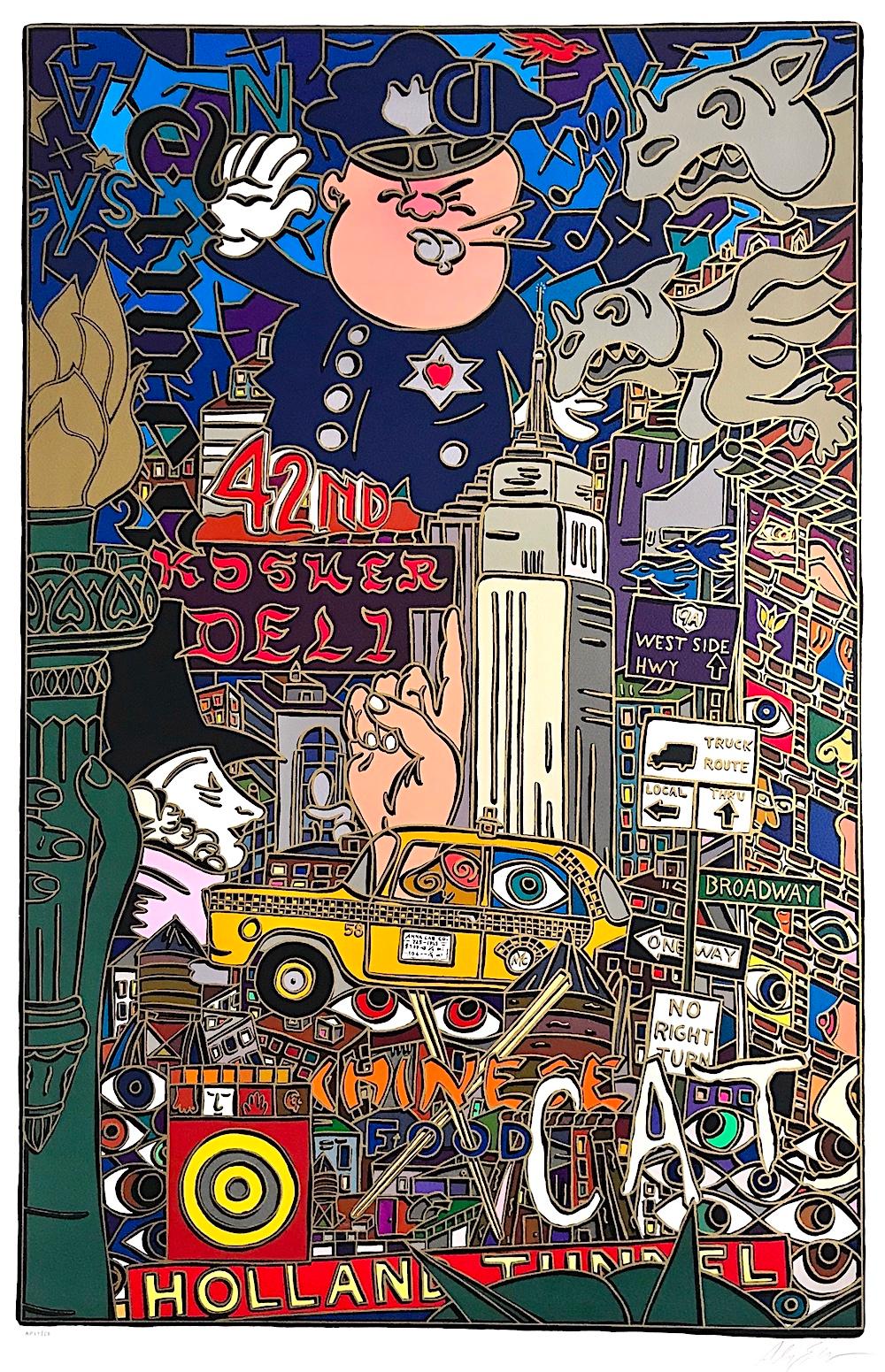 THE BIG APPLE, NEW YORK CITY Signed Lithograph, Police, Taxi, Pop Art Cityscape - Print by Alex Echo