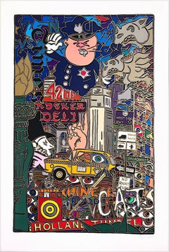 Vintage THE BIG APPLE, NEW YORK CITY Signed Lithograph, Police, Taxi, Pop Art Cityscape