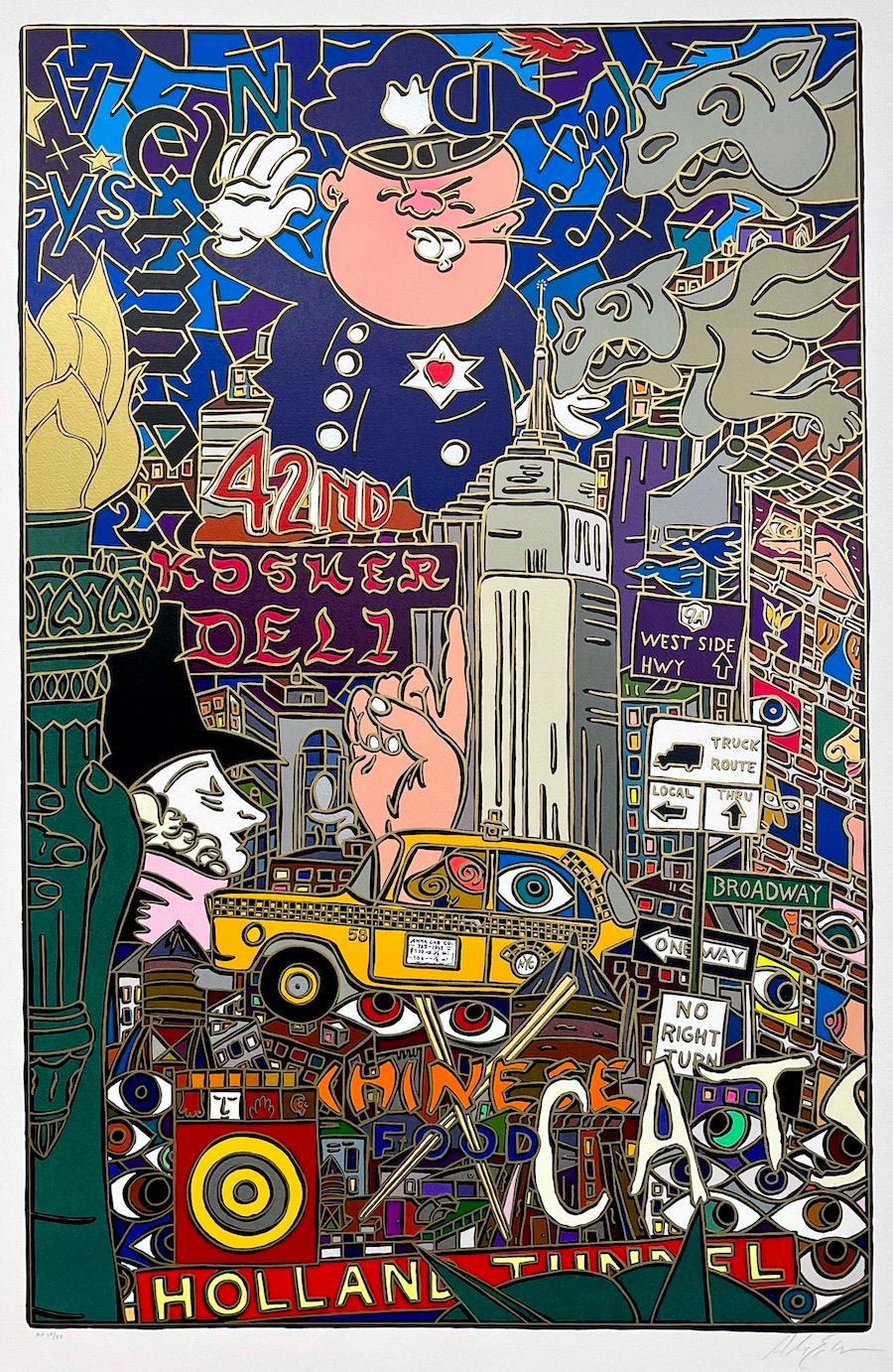 THE BIG APPLE NEW YORK CITY Litografia firmata, Polizia, Taxi, New York Times, Deli - Print di Alex Echo