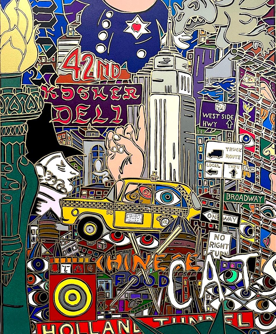 THE BIG APPLE NEW YORK CITY Litografia firmata, Polizia, Taxi, New York Times, Deli - Landscape Print Nero di Alex Echo