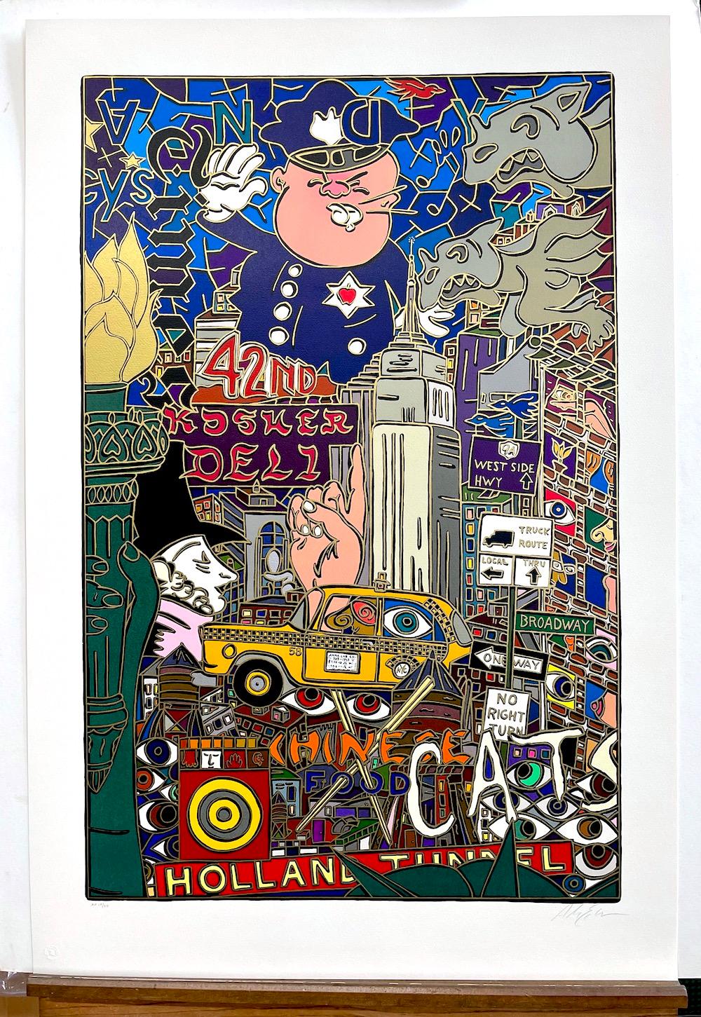THE BIG APPLE NEW YORK CITY Litografia firmata, Polizia, Taxi, New York Times, Deli in vendita 3