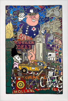 Vintage THE BIG APPLE NEW YORK CITY Signed Lithograph, Police, Taxi, Times Square, Deli