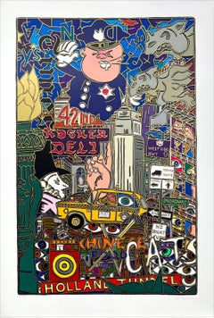 THE BIG APPLE NEW YORK CITY Litografia firmata, Polizia, Taxi, New York Times, Deli