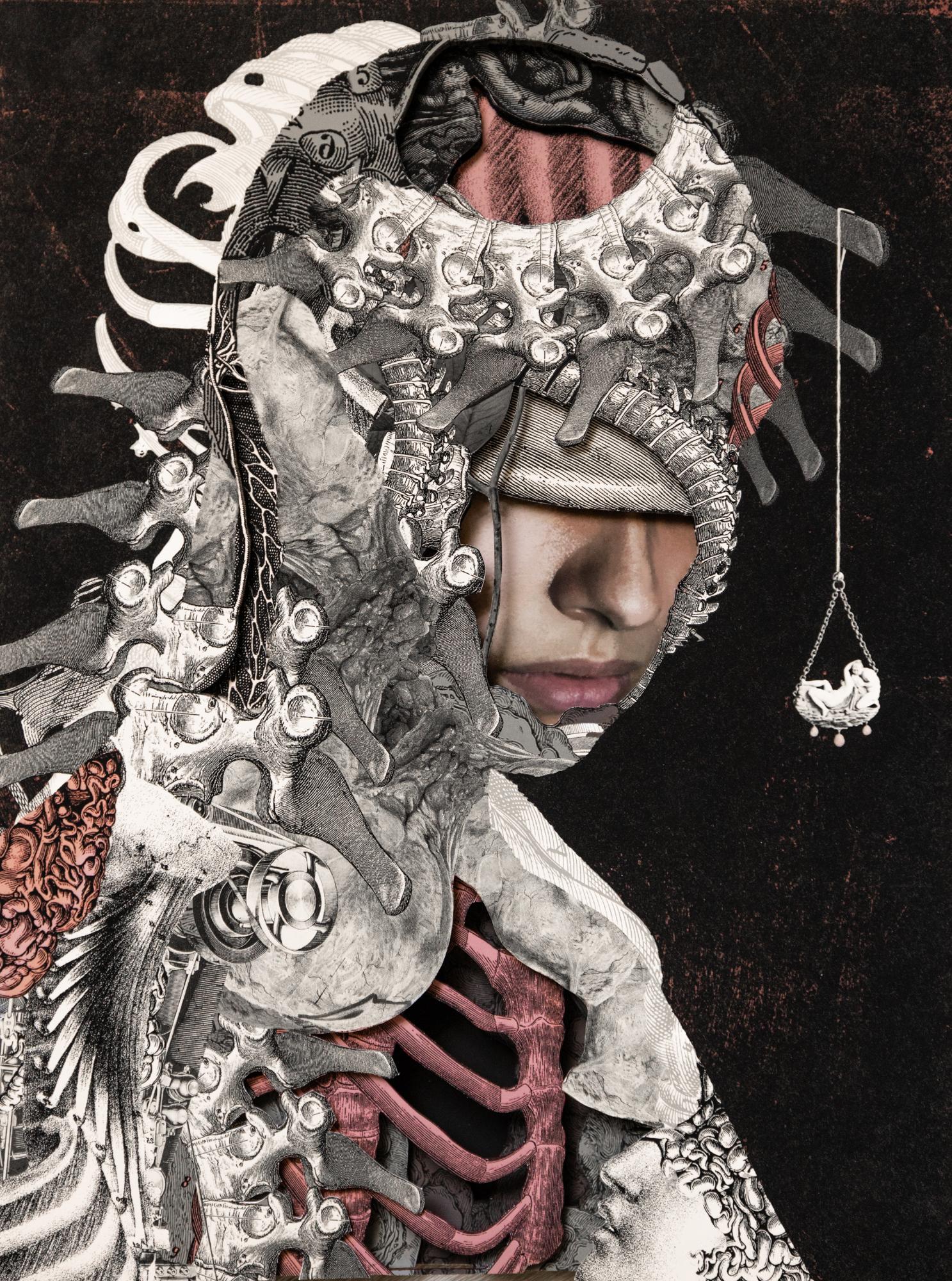 "Navigator" Collage stratificato tagliato e assemblato a mano con ossa e teschi
