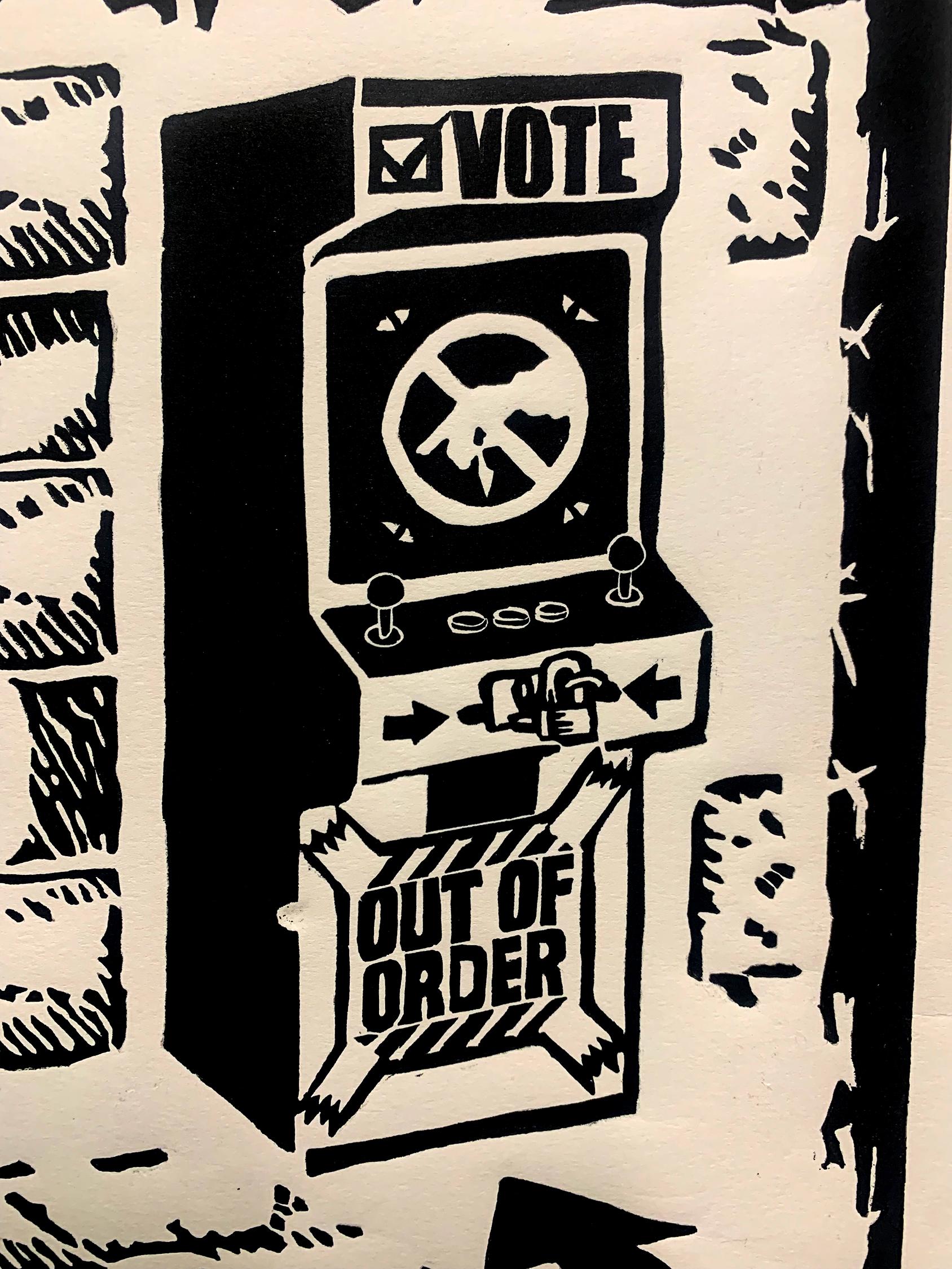Voter Suppression : linoleum print - White Figurative Print by Alex “Fdez” Fernandez