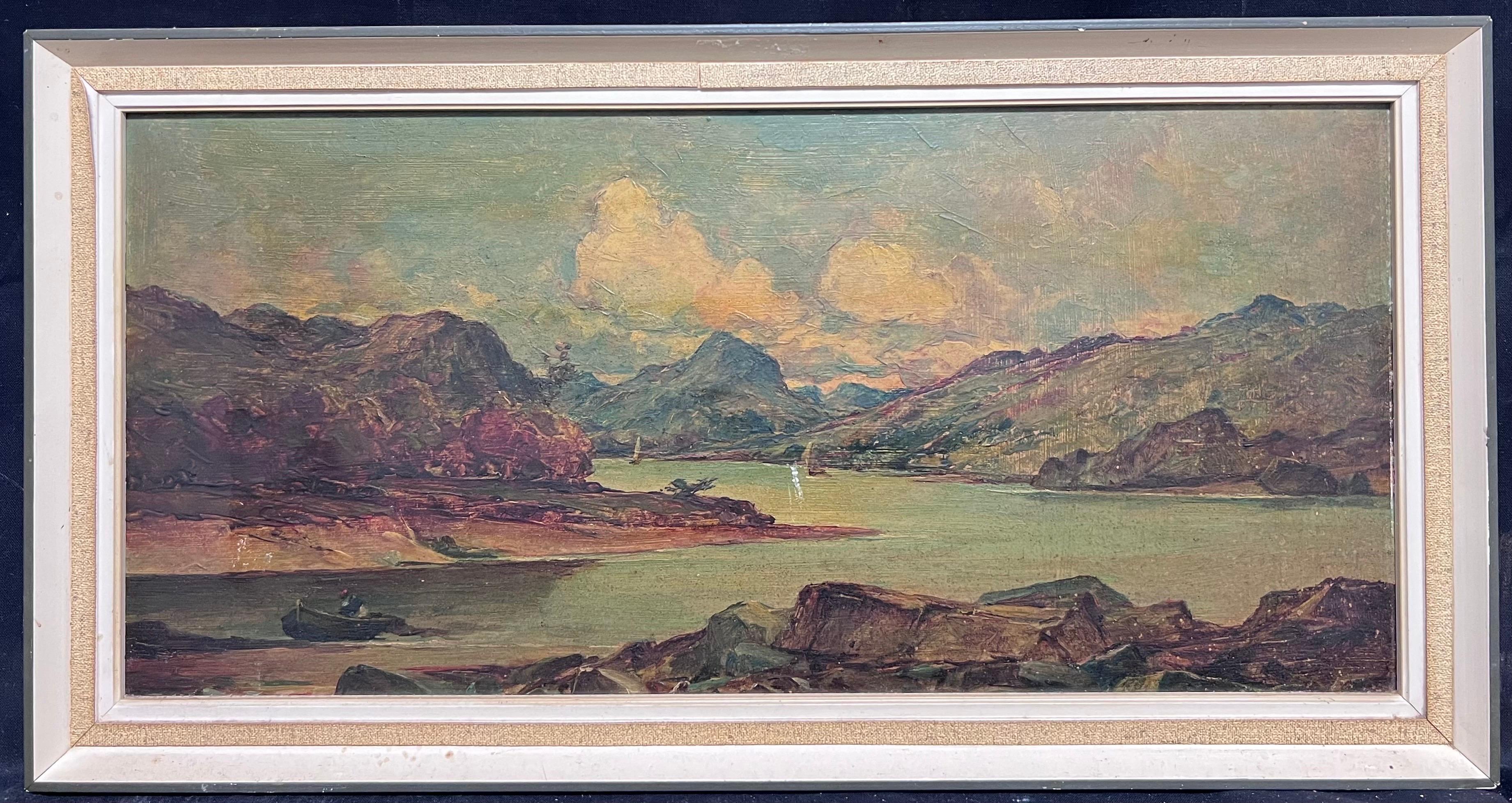 Mountainous Landscape Loch Maree Scotland with Boats Serene Antique Oil Painting - Brown Landscape Painting by Alex Fraser