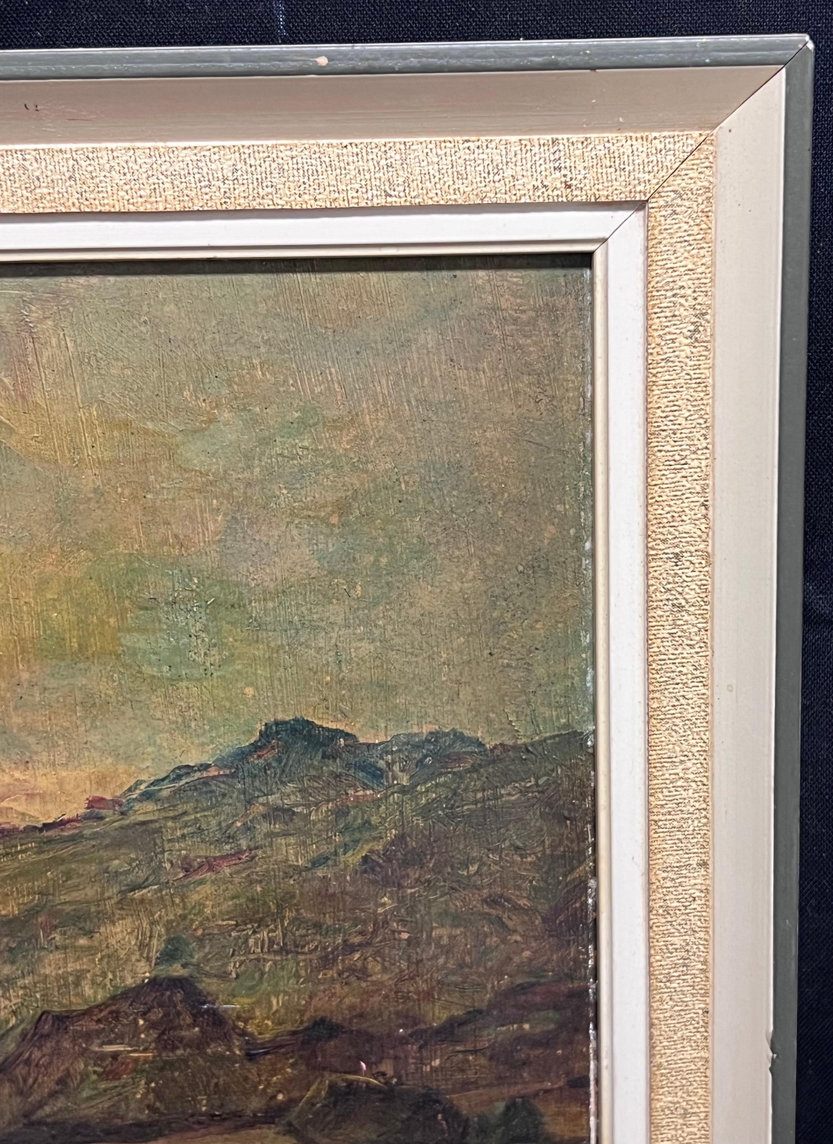 Mountainous Landscape Loch Maree Scotland with Boats Serene Antique Oil Painting For Sale 1