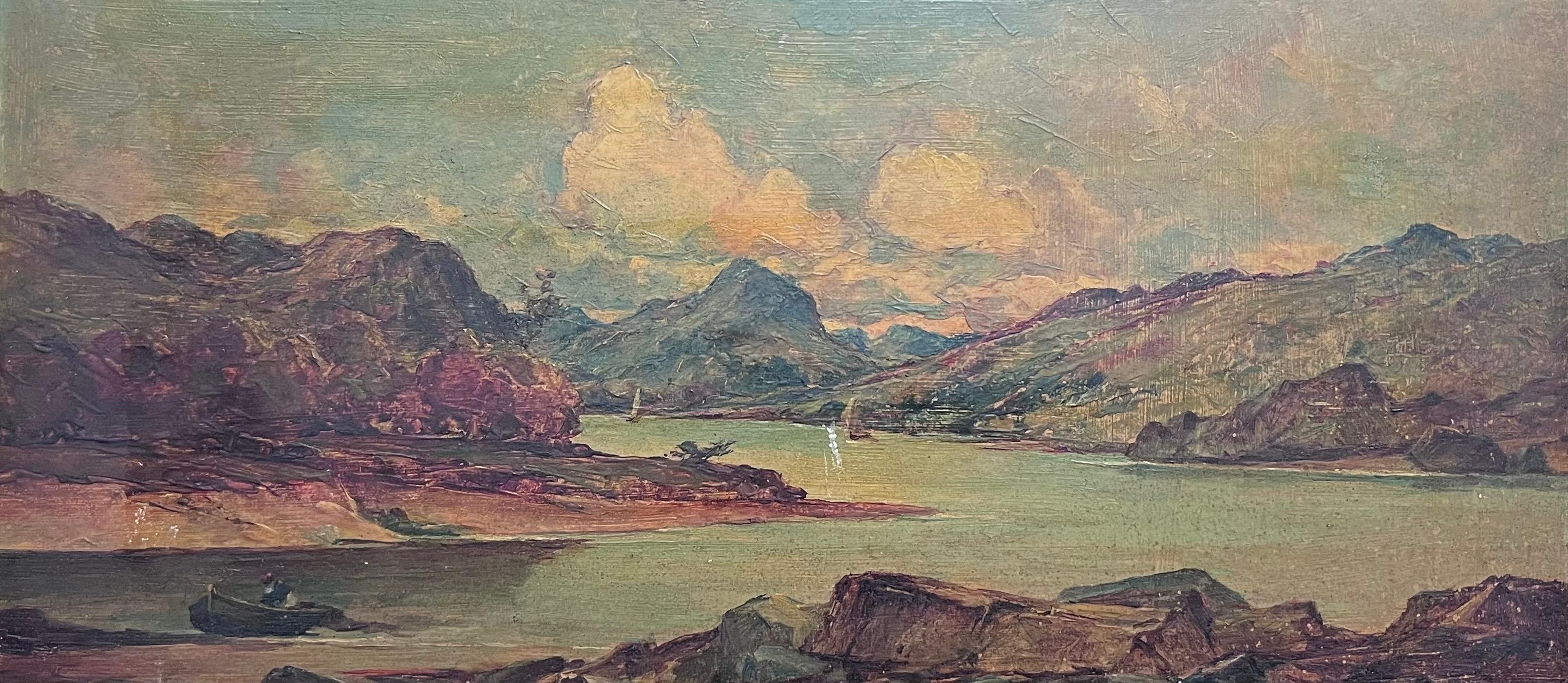 Paisaje Montañoso Loch Maree Escocia con Barcos Sereno Pintura al Óleo Antigua