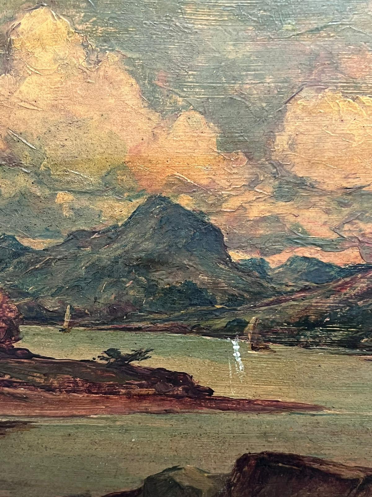 Scottish Mountainous Landscape Tranquil Loch Antique Scottish Oil Painting For Sale 2
