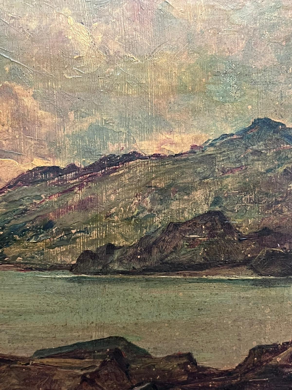 Scottish Mountainous Landscape Tranquil Loch Antique Scottish Oil Painting For Sale 3