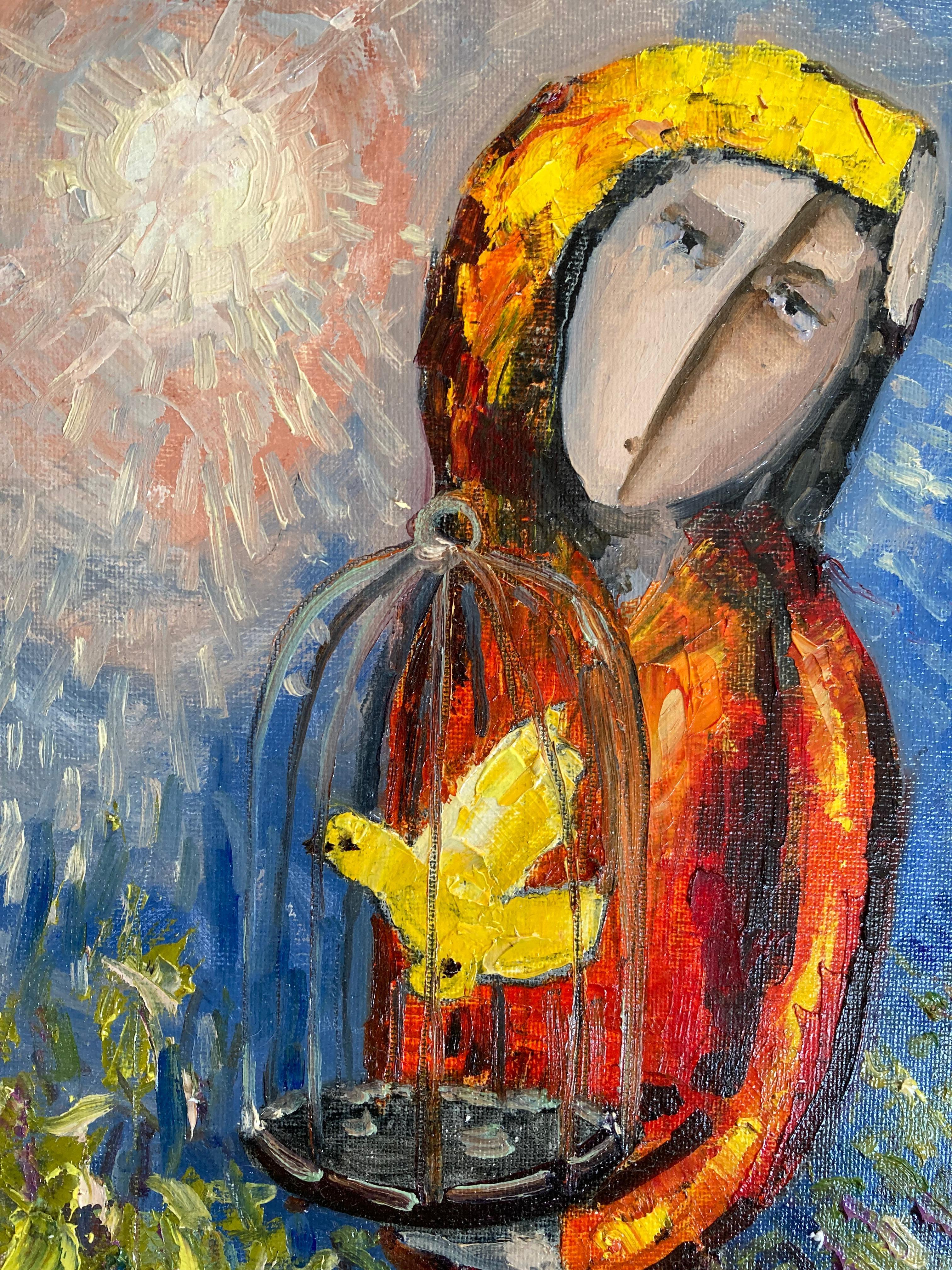 Jeune fille avec oiseau (peinture figurative abstraite contemporaine) - Painting de Alex Garncarek