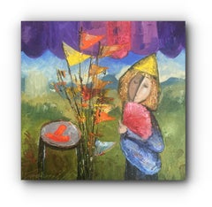 Signora con ventaglio (quadro a olio astratto contemporaneo di donna)