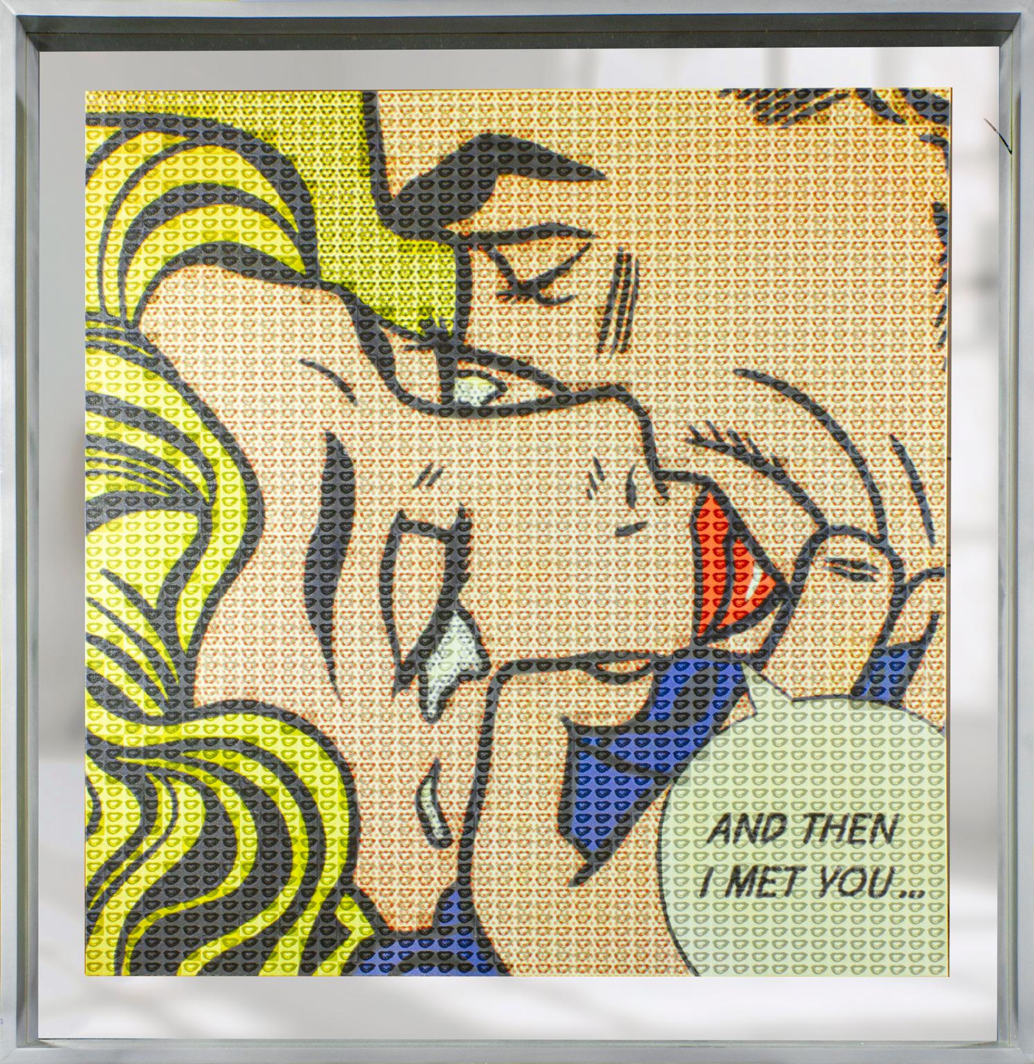 Alex Guofeng Cao Figurative Print - "A Thousand Kisses Deep, Lichtenstein vs. Warhol" ink and oil on canvas, mirror