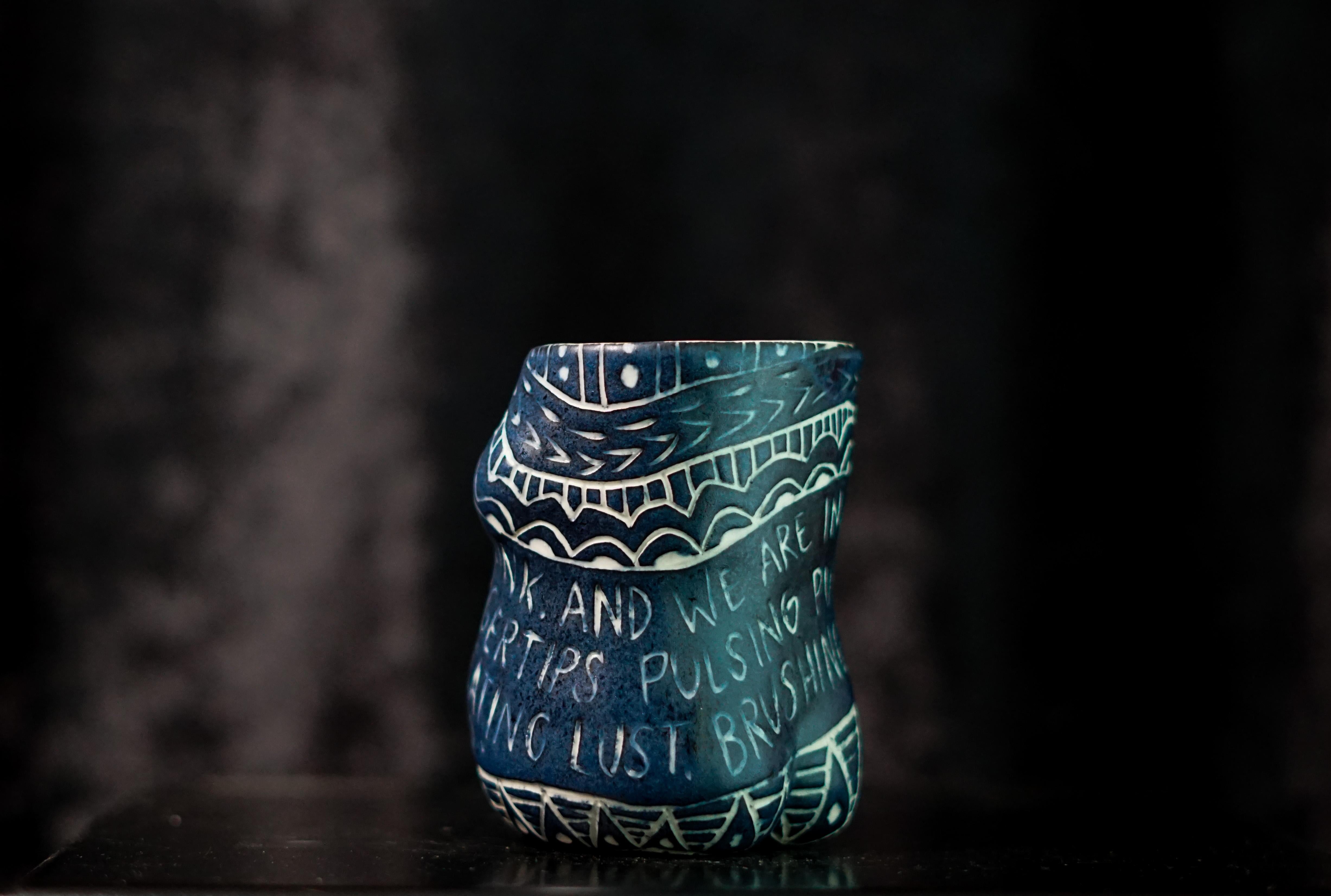 “And You Blink..” Porcelain cup with sgraffito detailing by the artist - Modern Sculpture by Alex Hodge