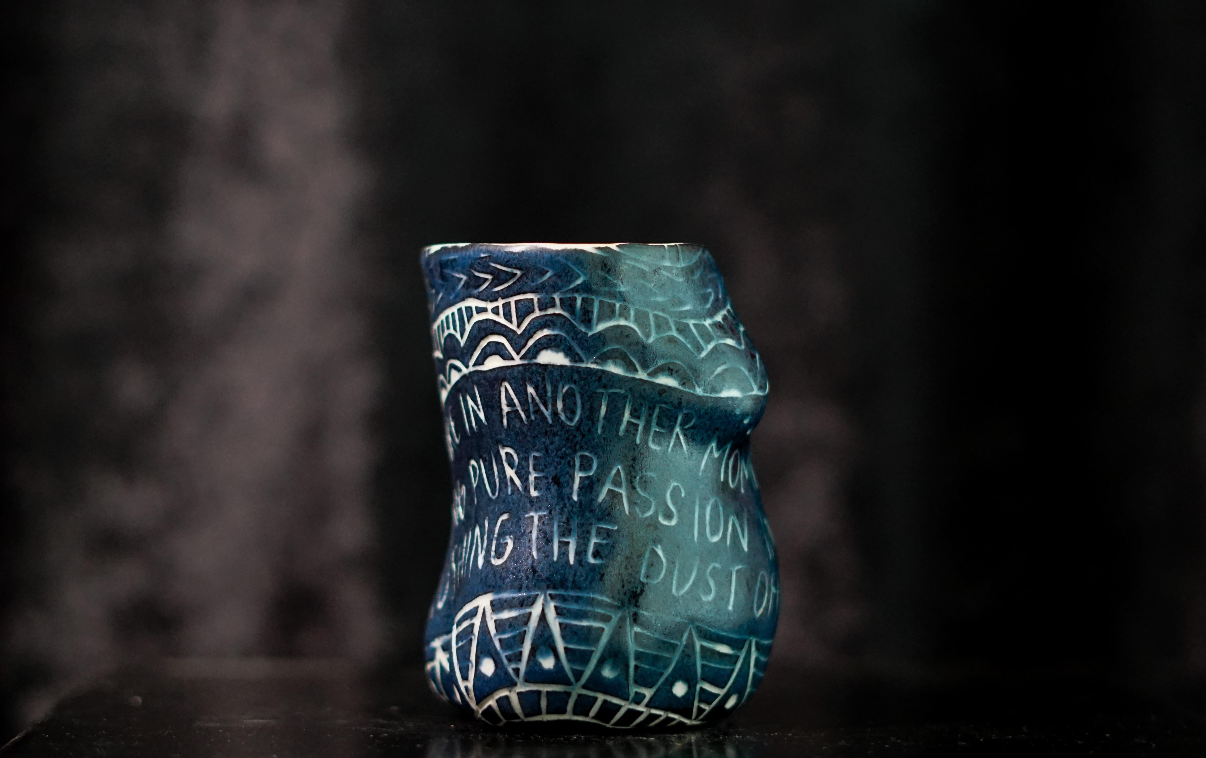 “And You Blink..” Porcelain cup with sgraffito detailing by the artist For Sale 1