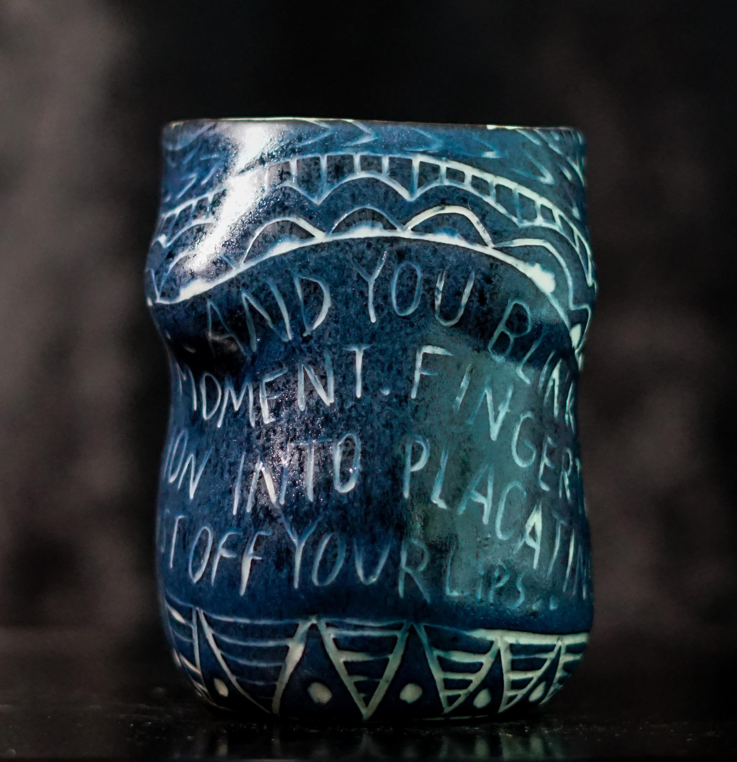 “And You Blink..” Porcelain cup with sgraffito detailing by the artist