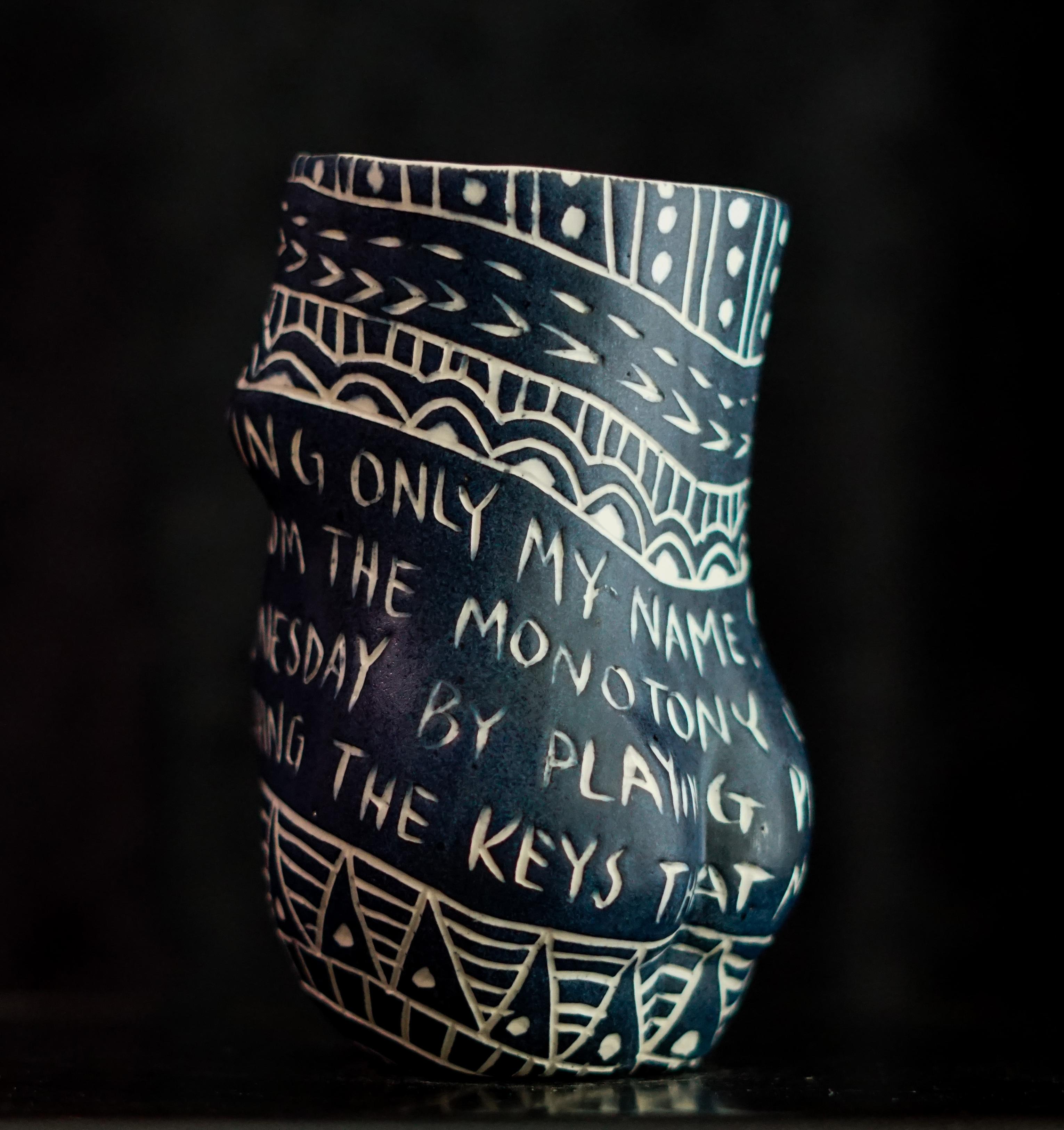 “As You Pray...” Porcelain cup with sgraffito detailing - Sculpture by Alex Hodge