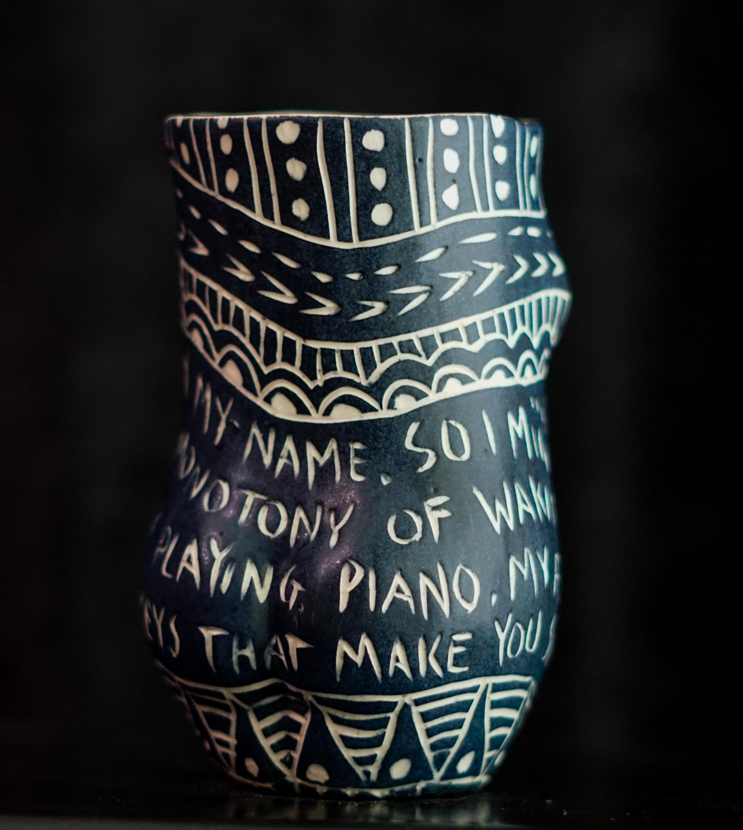 “As You Pray...” Porcelain cup with sgraffito detailing - Modern Sculpture by Alex Hodge