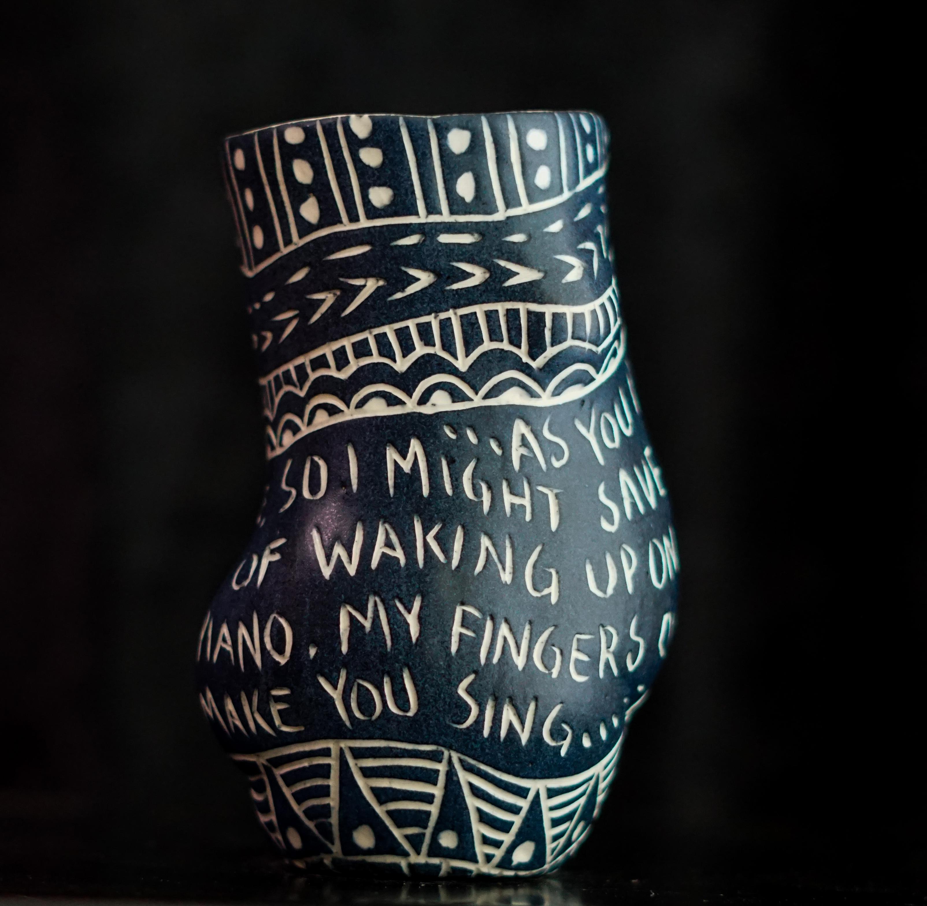 “As You Pray...” Porcelain cup with sgraffito detailing - Black Abstract Sculpture by Alex Hodge